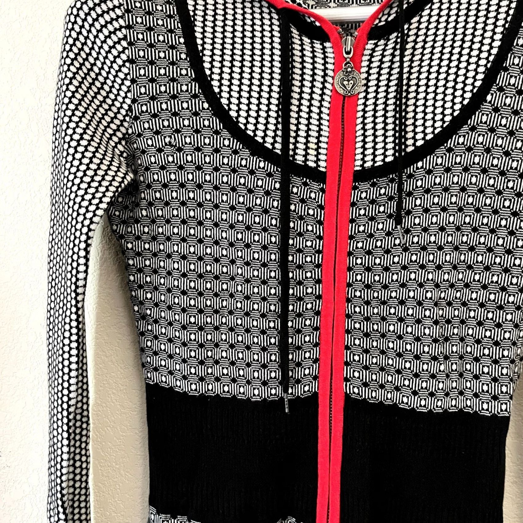 Vintage Neve Women XS Black/White Nordic Full-Zip Hooded Sweater Long Sleeve Cotton Knit Size XS / US 0-2 / IT 36-38 - 3 Thumbnail