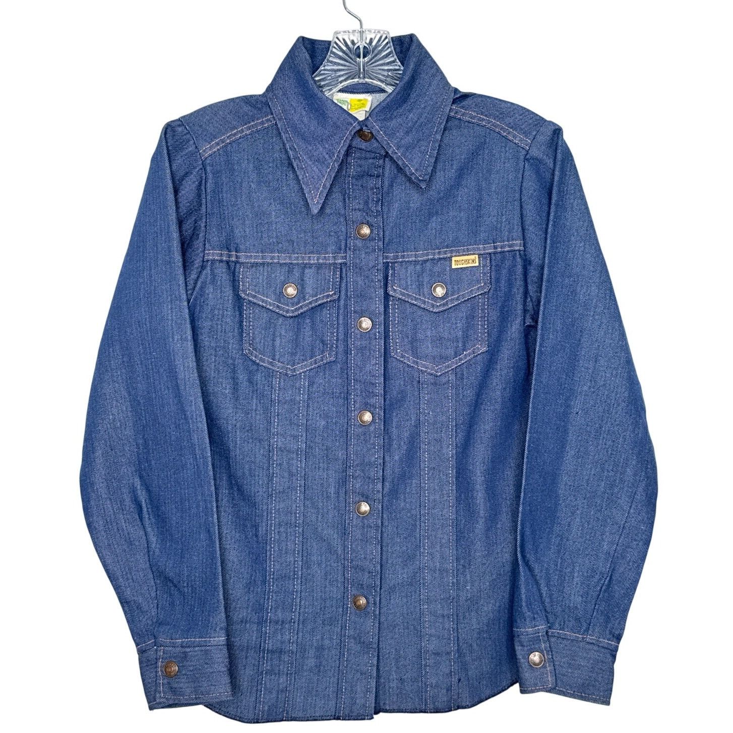 70's Sears Toughskins Lemon Frog Denim Snap dagger shirt XS
