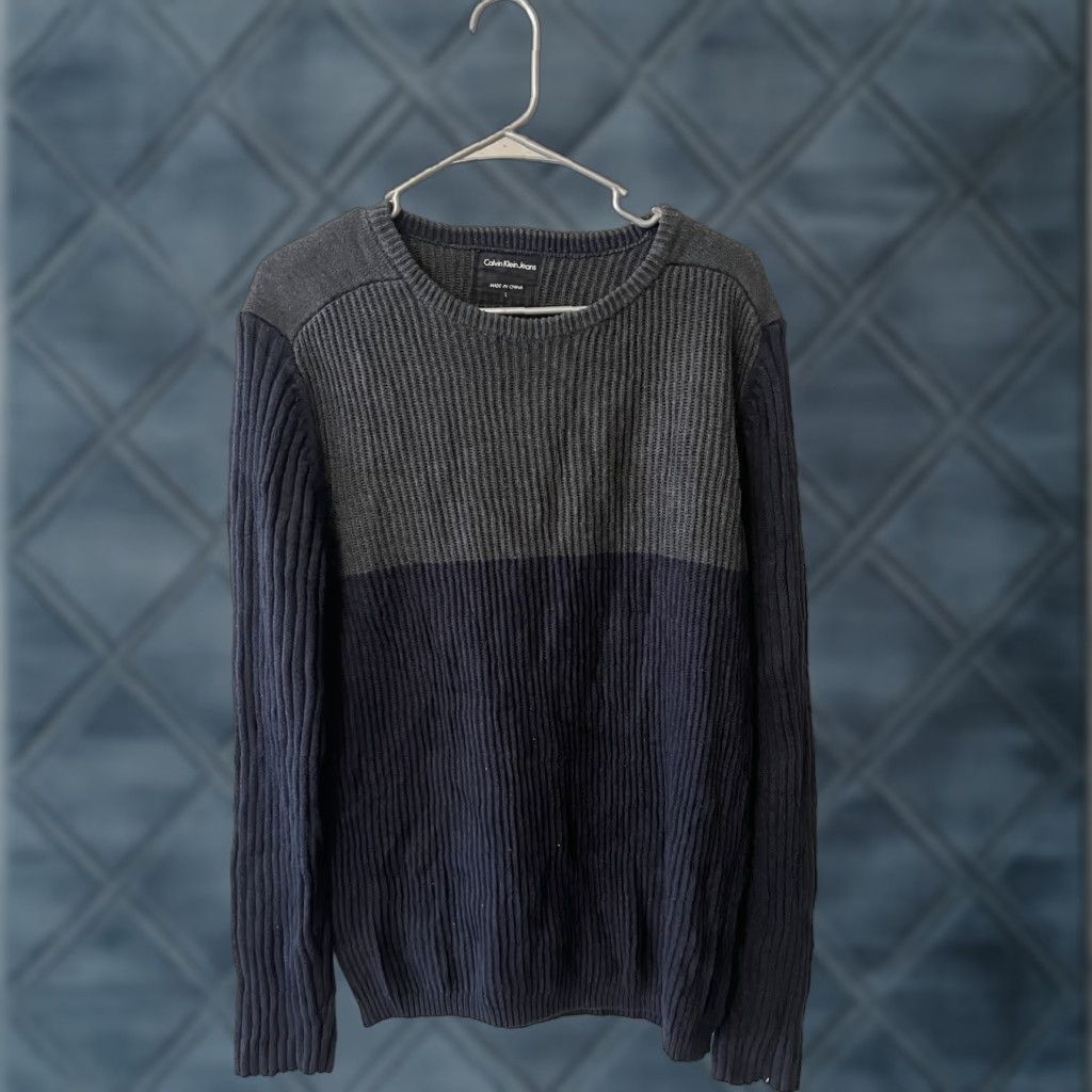 Calvin Klein Calvin Klein Mens Sweatshirt Crew Neck Knit Gray/Blue Colorblock Cotton L Regular Size US L / EU 52-54 / 3 - 1 Thumbnail