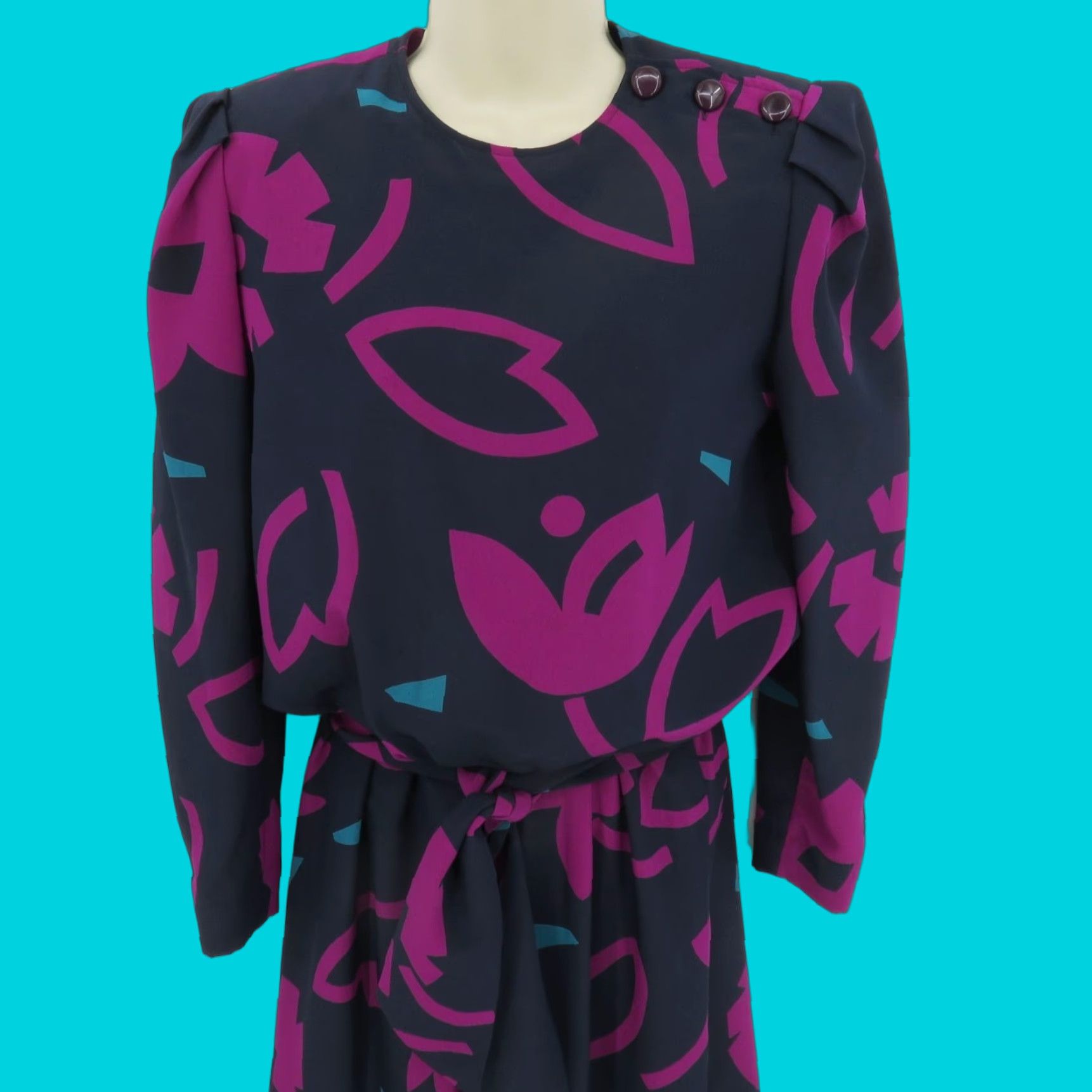 Vintage VINTAGE Sasson Women 6 Blue Purple Abstract Floral Long Sleeve Shirt Dress Padded Buttons Regular Size 6 Women Fall Spring Summer Winter Midi Dress Size M / US 6-8 / IT 42-44 - 1 Thumbnail
