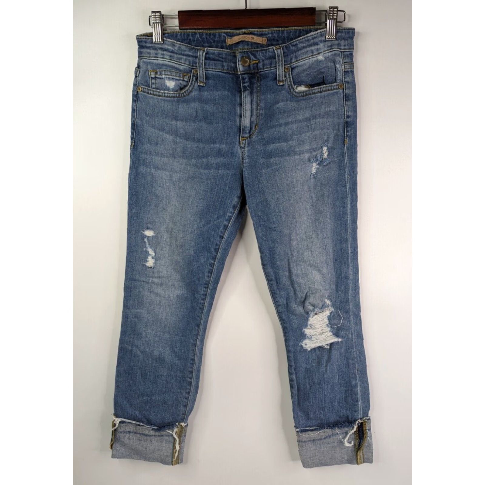 Vintage Joe's Jeans Womens Jeans Cropped Distressed Mid Rise Wakley 27 Blue Denim Stretch 5-Pocket Zipper Button Belt Loops Fashion Jeans Size 27" / US 4 / IT 40 - 2 Thumbnail