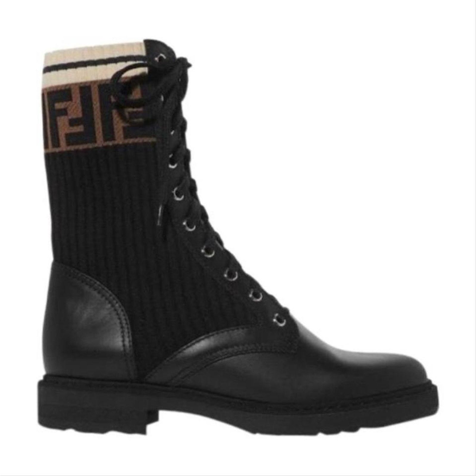 Fendi Rockoko FF logo jacquard stretch knit leather biker boots Size US 11.5 / IT 41.5 - 1 Thumbnail