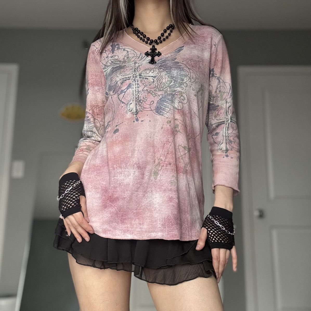 Other Oneworld Y2K Pink Grunge Graphic Cross Top w/ Rhinestones Size L / US 10 / IT 46 - 9 Thumbnail