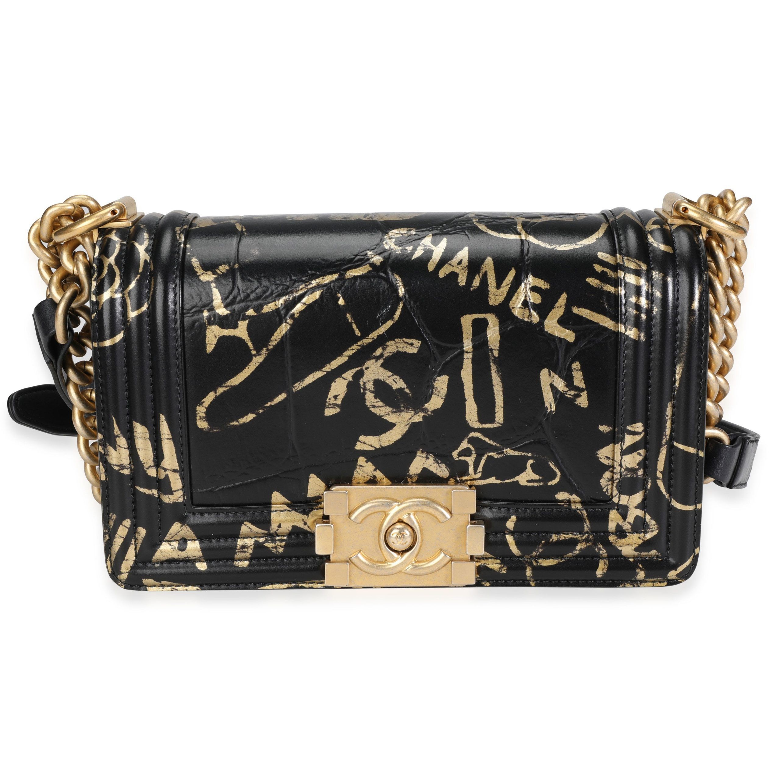 image of Chanel Black And Gold Crocodile-Embossed Leather Small Graffiti Boy Bag, Women's