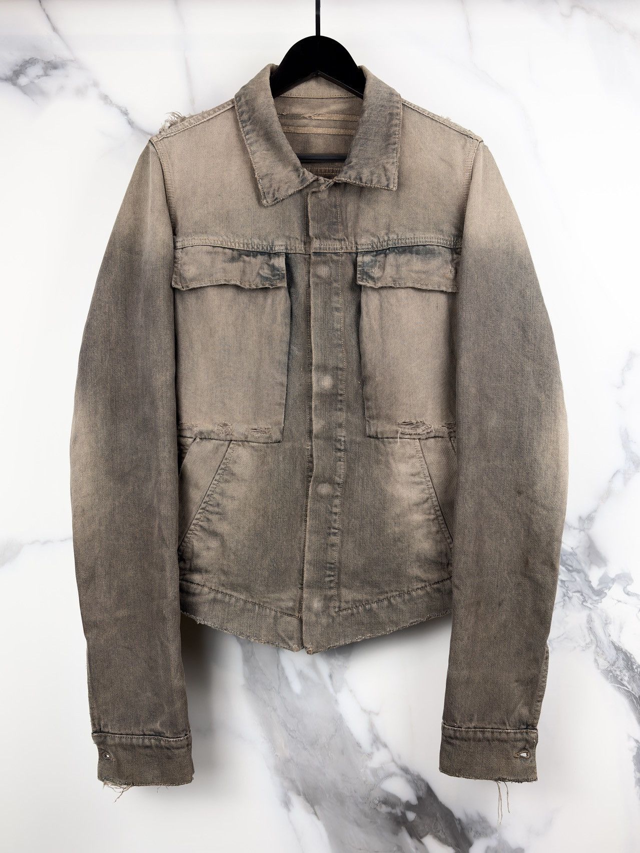 FW06 Rick Owens Dustulator Dark Shadow Denim Jacket Thrashed