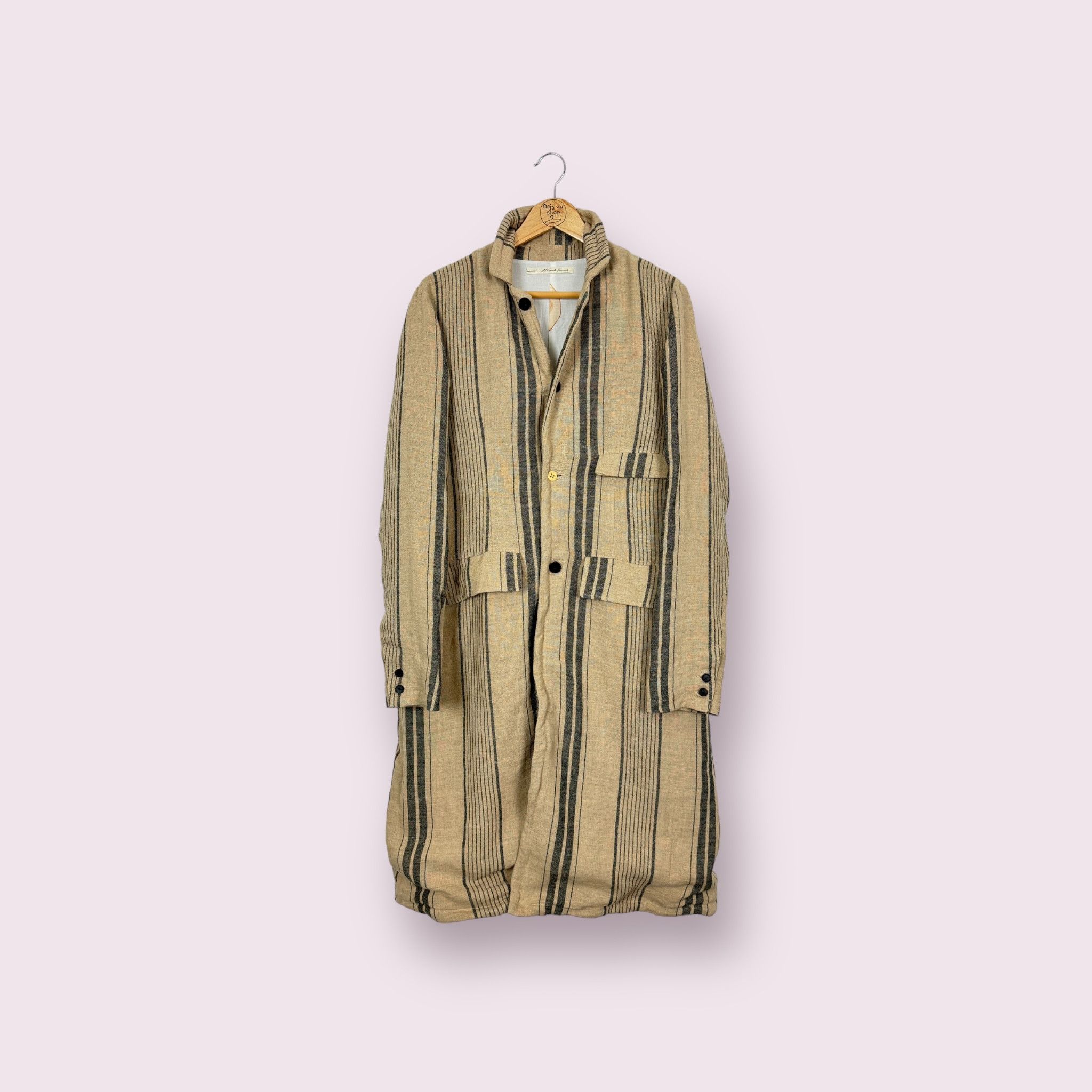 image of Aleksandr Manamis Long Striped Double-Breasted Linen Coat, Women's (Size XL)