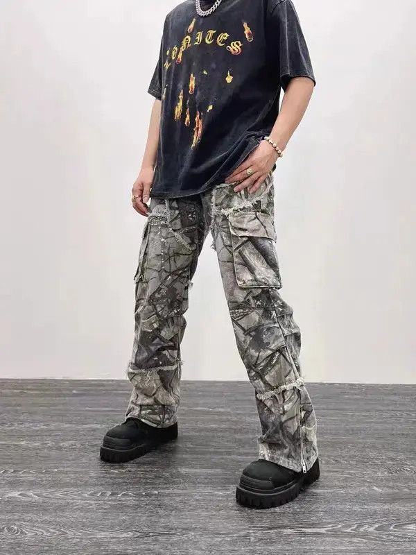 Japanese Brand × Jean Retro camouflage irregular raw edge work jeans Size US 32 / EU 48 - 1 Thumbnail