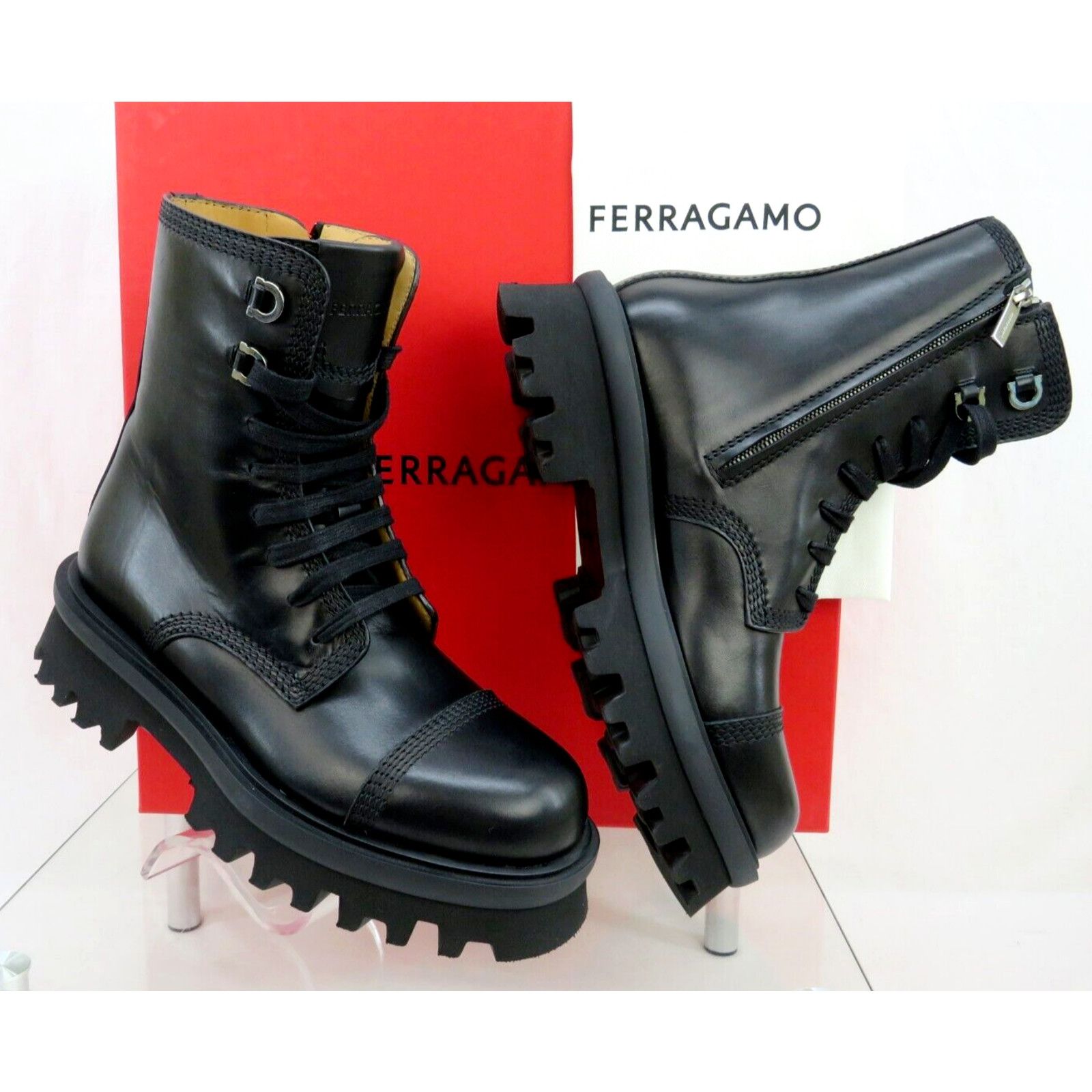 FARAWAY BLACK LEATHER LOGO LACE UP ZIP ANKLE BOOTS 12 M