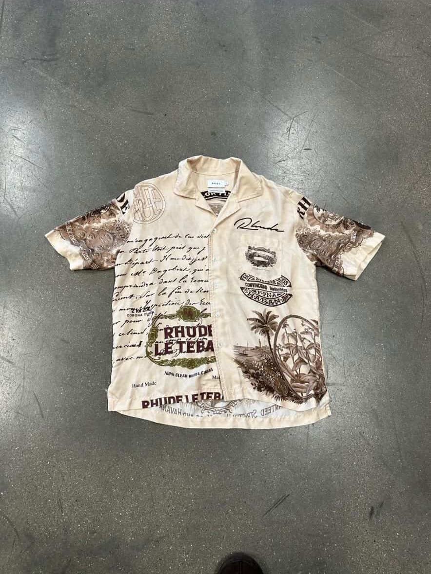 Rhude Cigar Camp Button Up Printed Silk Shirt Cream