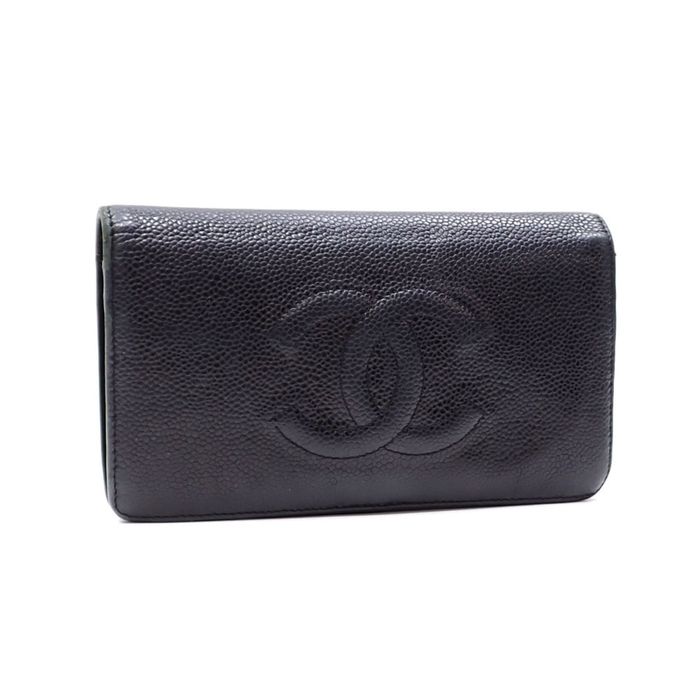 Chanel CHANEL Bifold Long Wallet Women's Black Caviar Skin Coco Mark ...