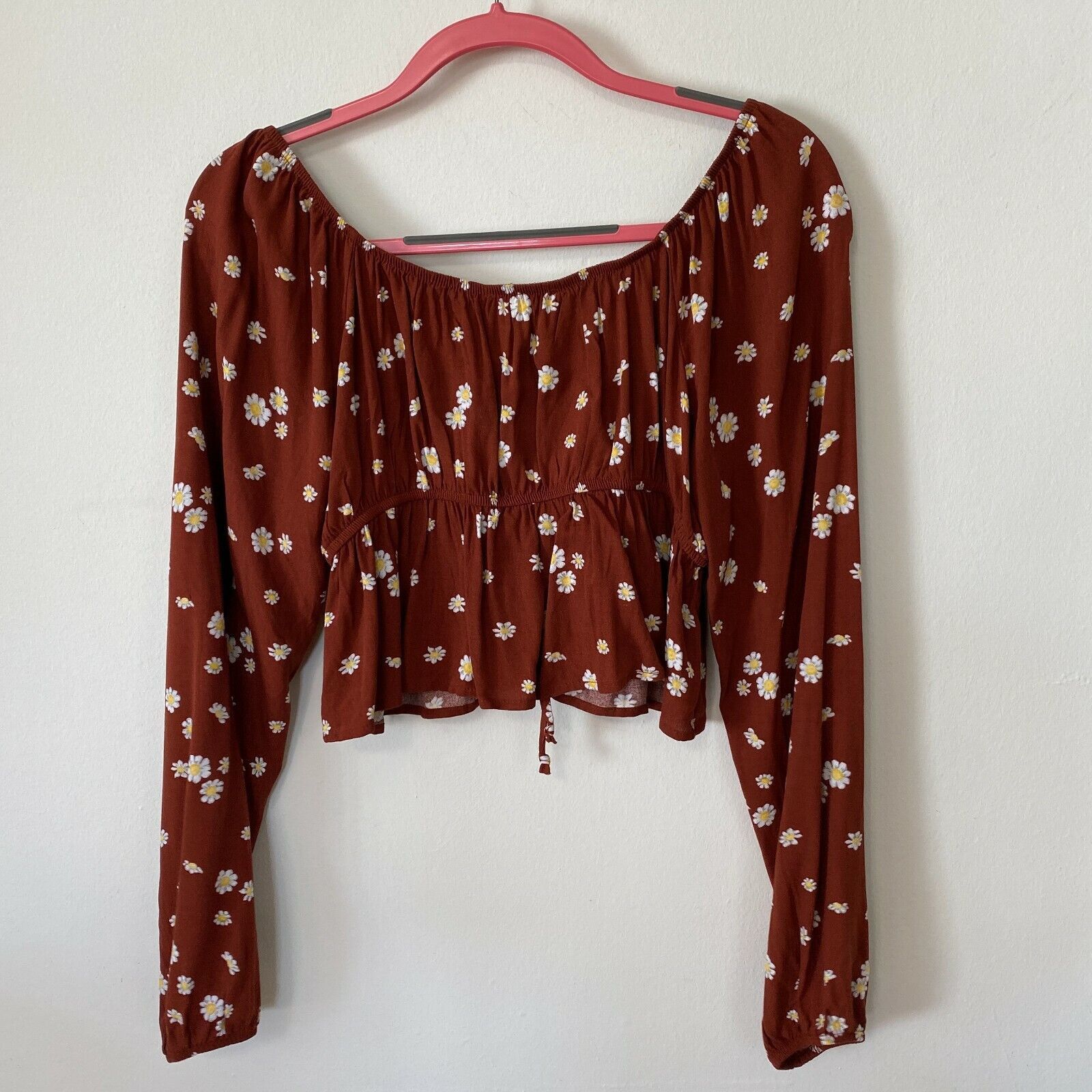 Pacsun PACSUN Rust Brown Floral Off Shoulder Crop Peasant Top Med Size M / US 6-8 / IT 42-44 - 2 Thumbnail