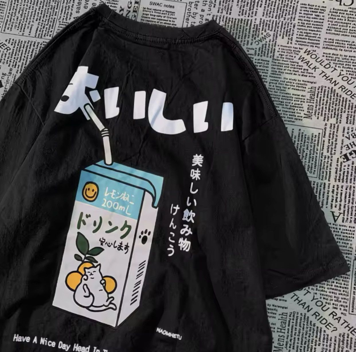 Japanese Brand Cute Japanese Cat Print Oversized T-shirt Short Sleeve Loose Size US S / EU 44-46 / 1 - 1 Thumbnail