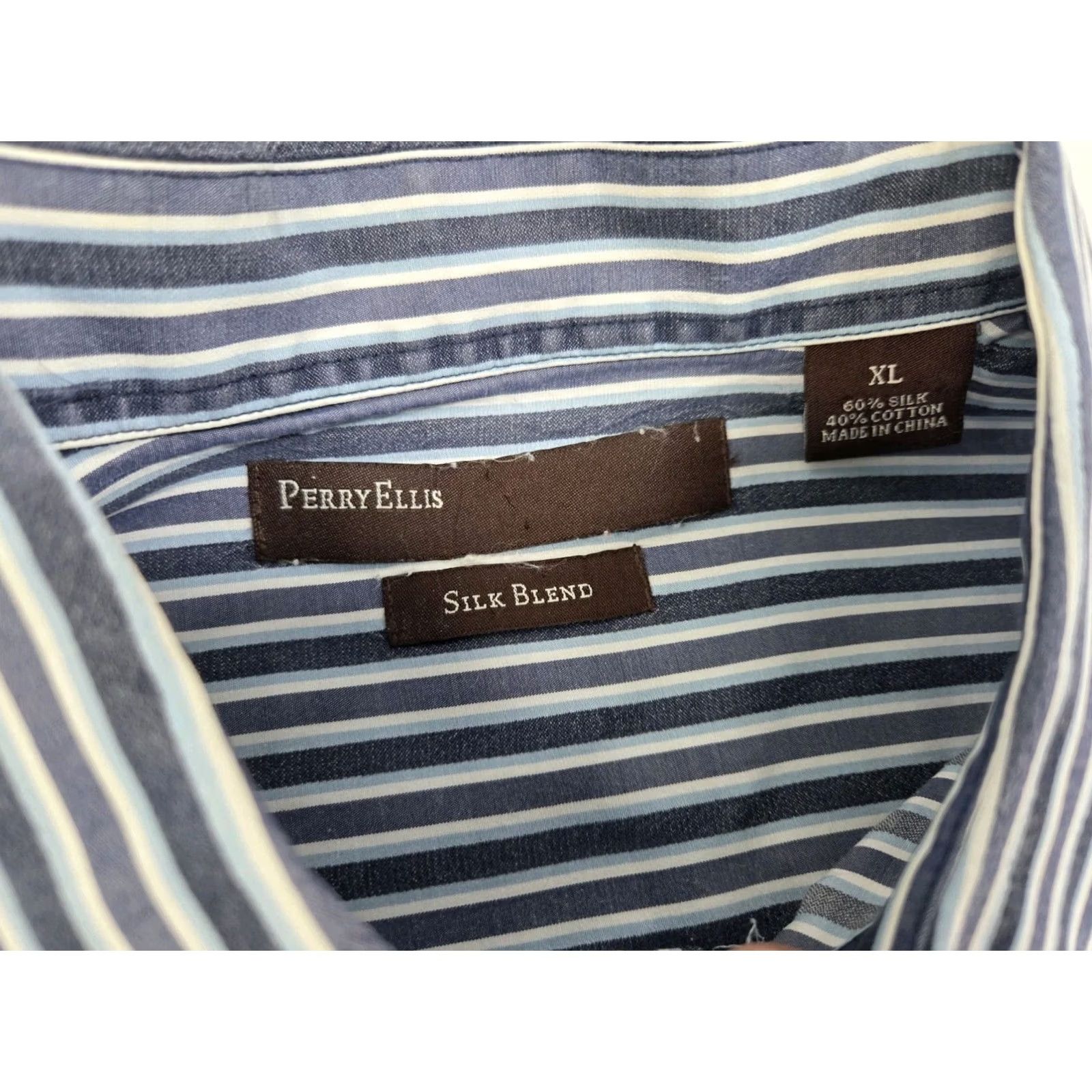 Perry Ellis Perry Ellis Mens Long Sleeve Button-Up Striped Shirt Silk Blend XL Blue/Grey Button-Up, Collared, Regular Fit, All Seasons, Designer, Casual/Formal Size US XL / EU 56 / 4 - 3 Thumbnail