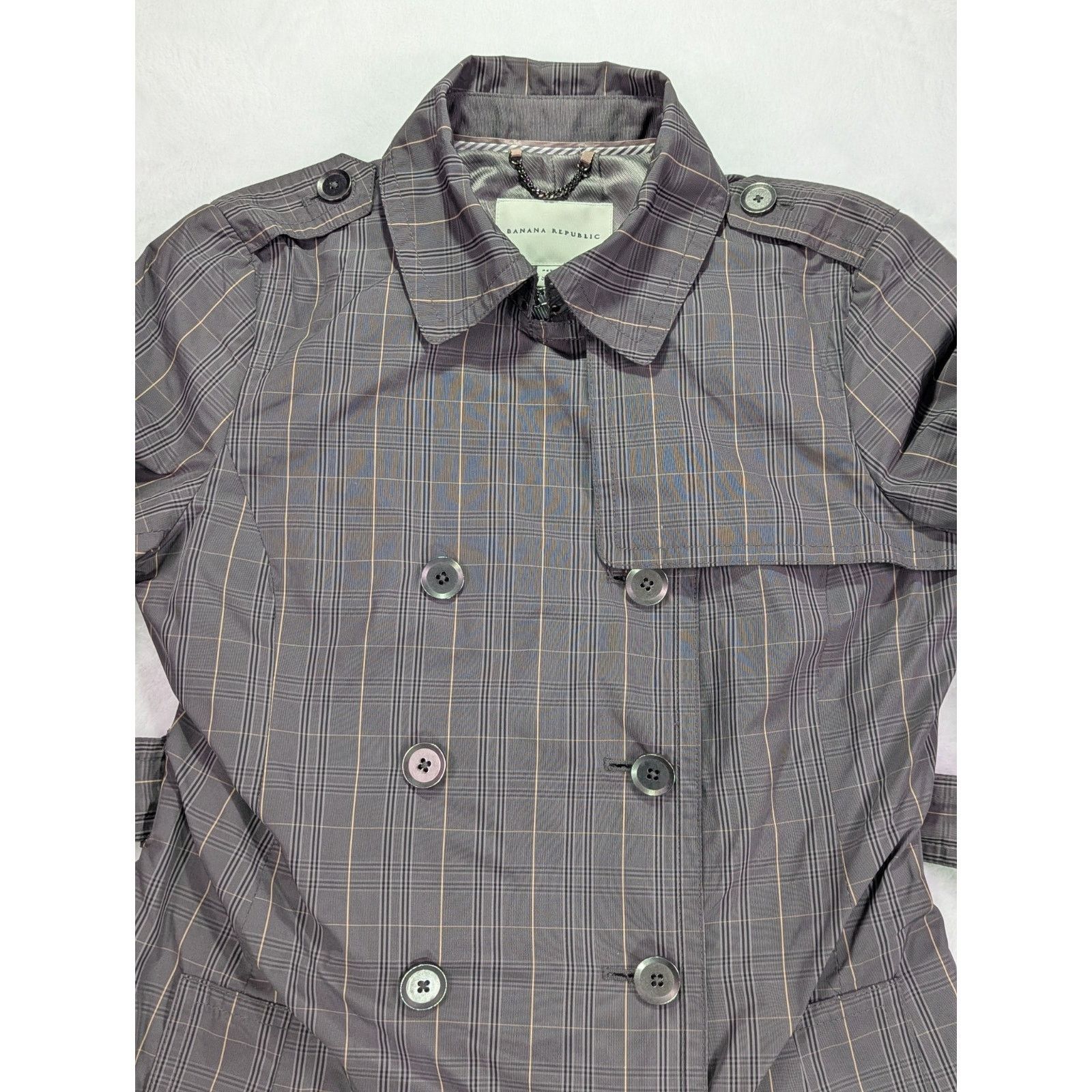 Banana Republic Trench Coat S Petite Gray Plaid Check Double Breasted Belted Size S / US 4 / IT 40 - 9 Thumbnail