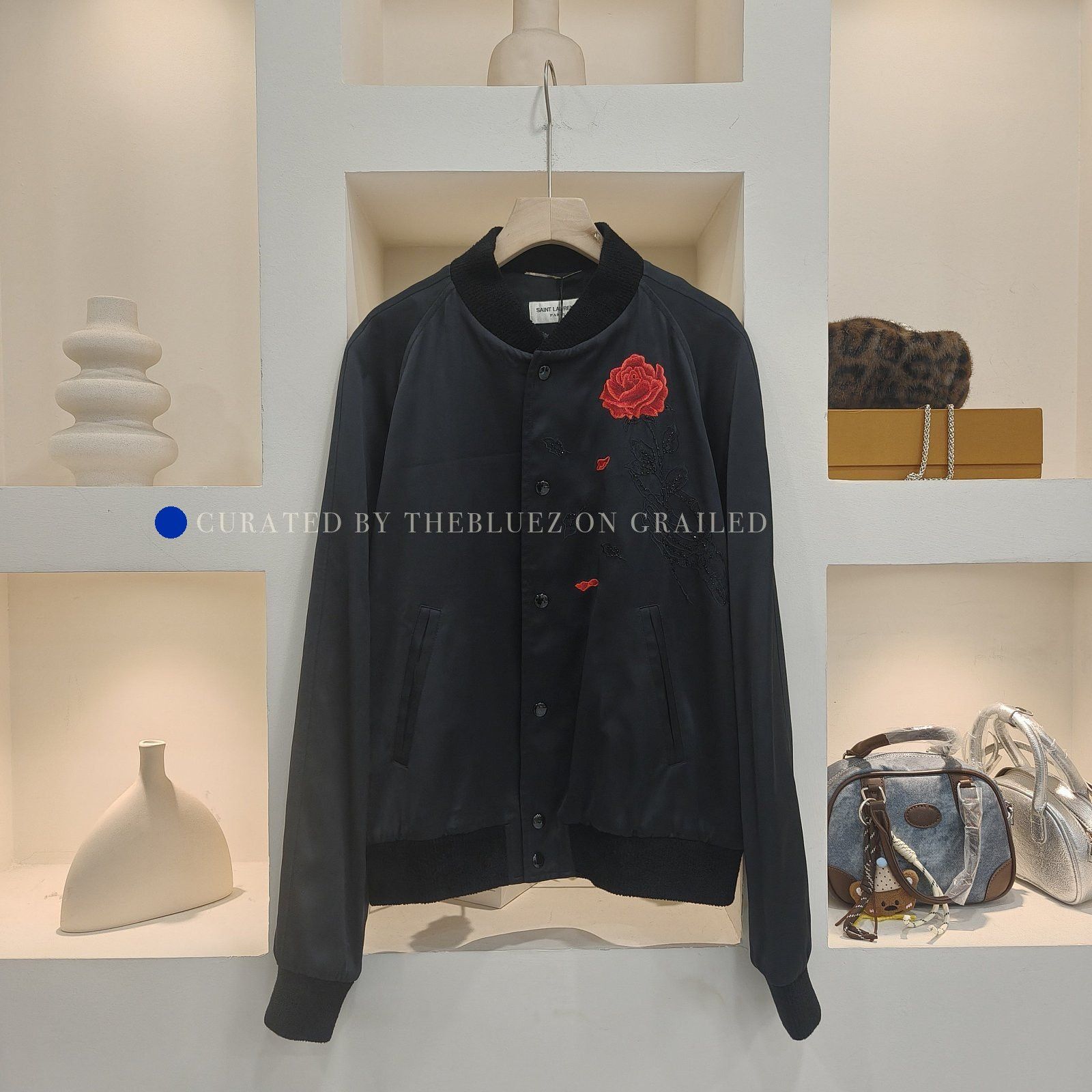 Saint Laurent Paris Black Rose Embroidery Bomber Jacket Size US M / EU 48-50 / 2 - 1 Thumbnail