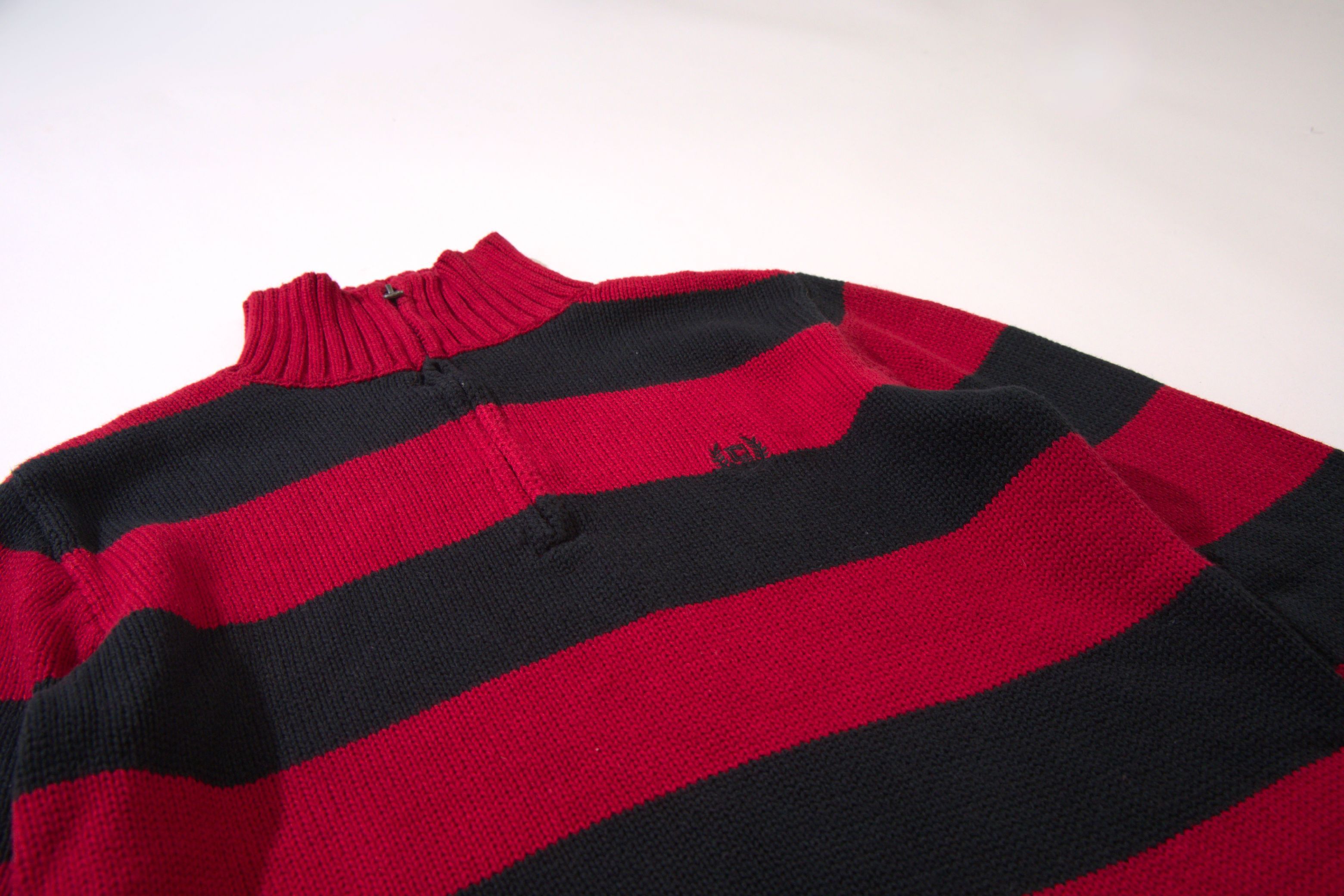 Chaps Ralph Lauren Vintage Red Black Striped Quarter Zip Knit (Medium) Size US M / EU 48-50 / 2 - 1 Thumbnail