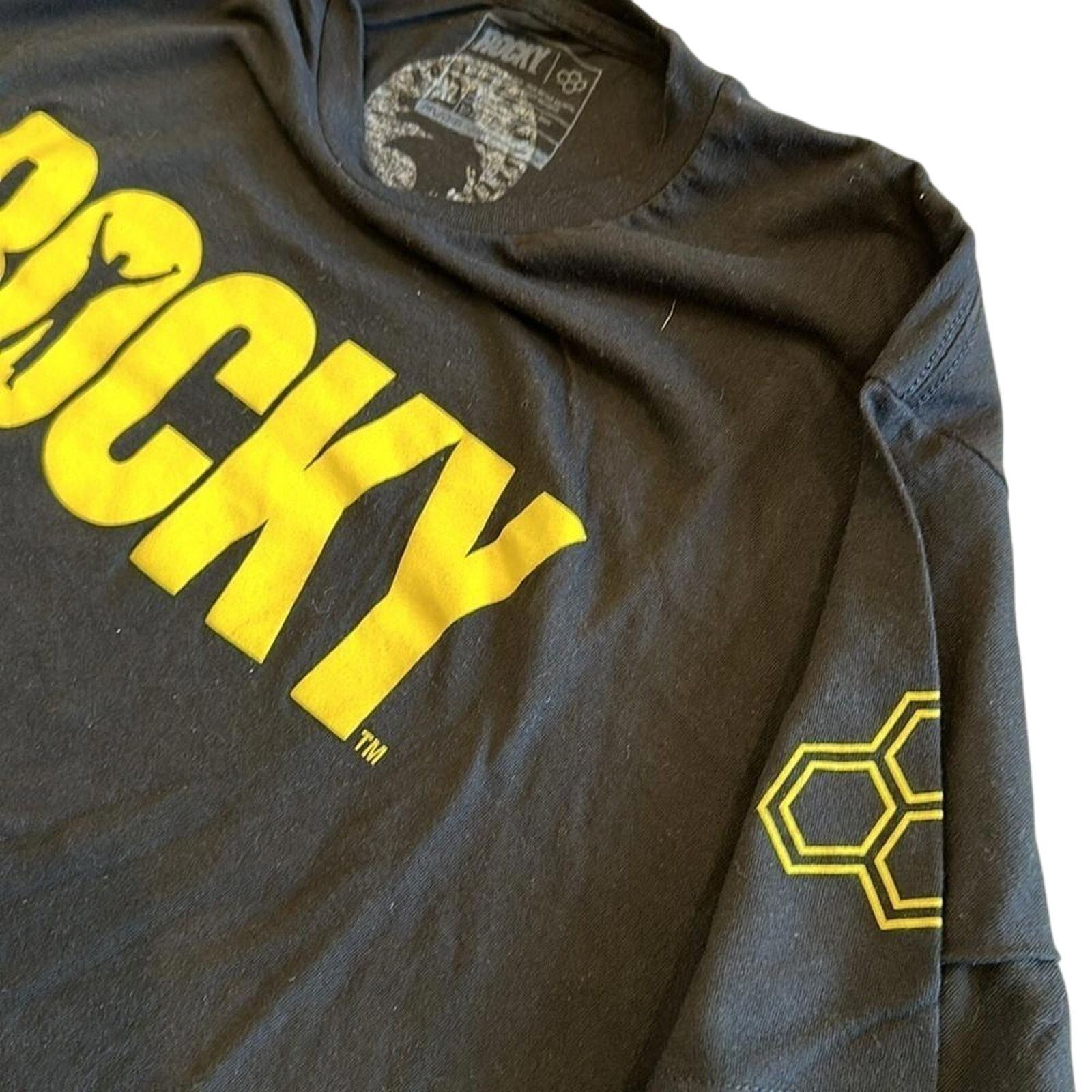 Designer ROCKY Graphic Black T-Shirt - Bold Yellow Print Size US XL / EU 56 / 4 - 4 Thumbnail