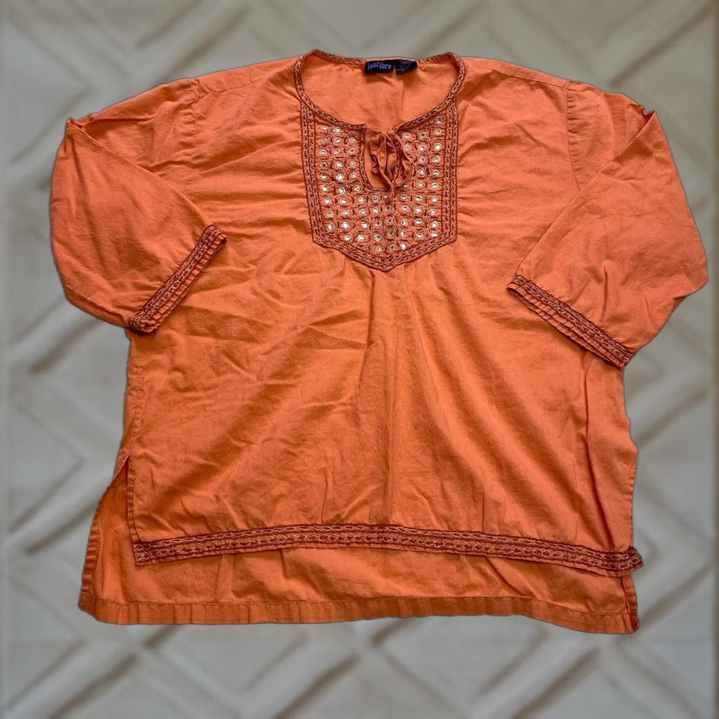 Vintage Junque Blouse Shirt Womens L Orange Peasant Top Cotton Tie Neck Casual Size L / US 10 / IT 46 - 1 Thumbnail