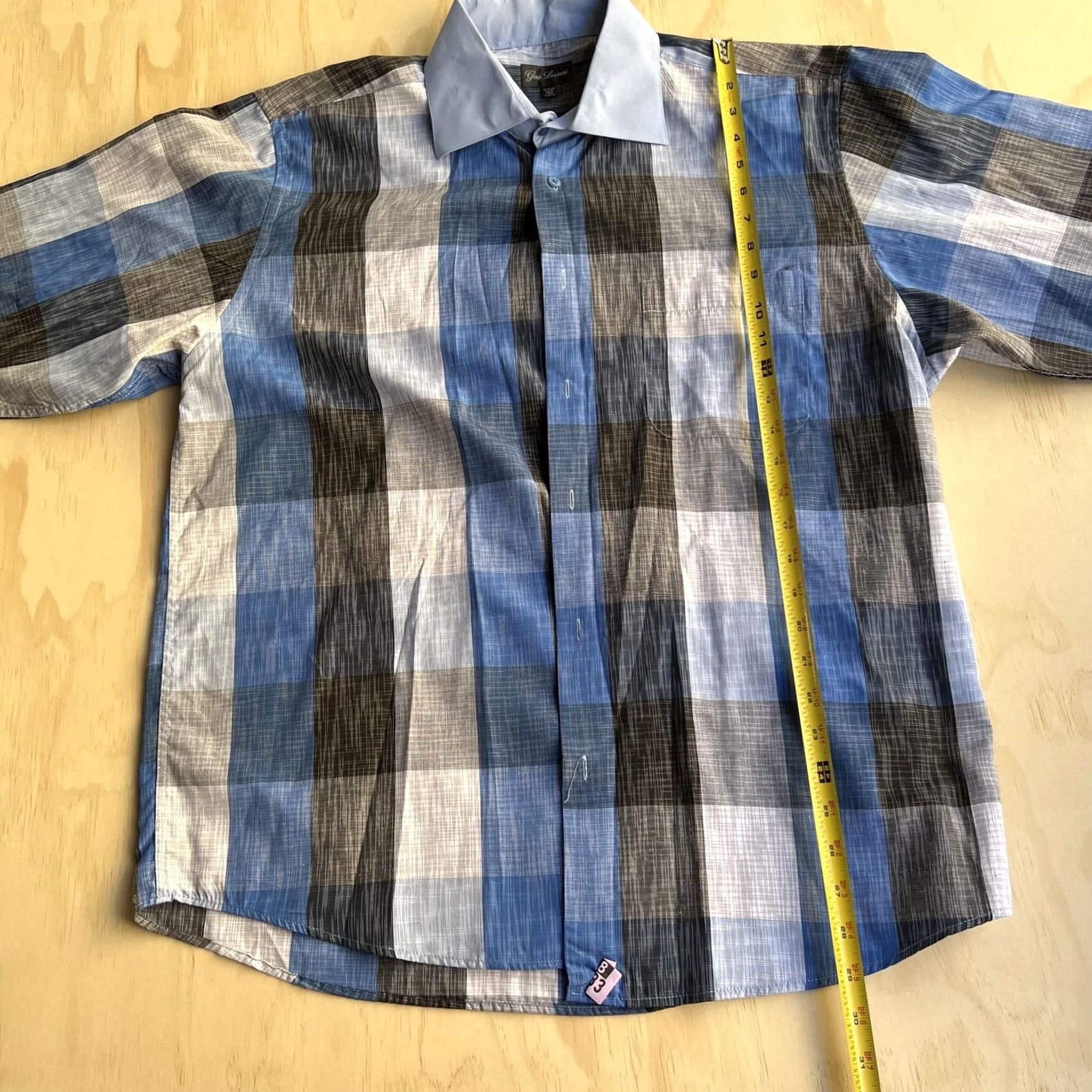 Vintage Gino Lussari Dress Shirt Mens 17.5 34/35 Blue Plaid Long Sleeve Button Front Continuous Cuff Collar Shirt Size 48R - 5 Thumbnail