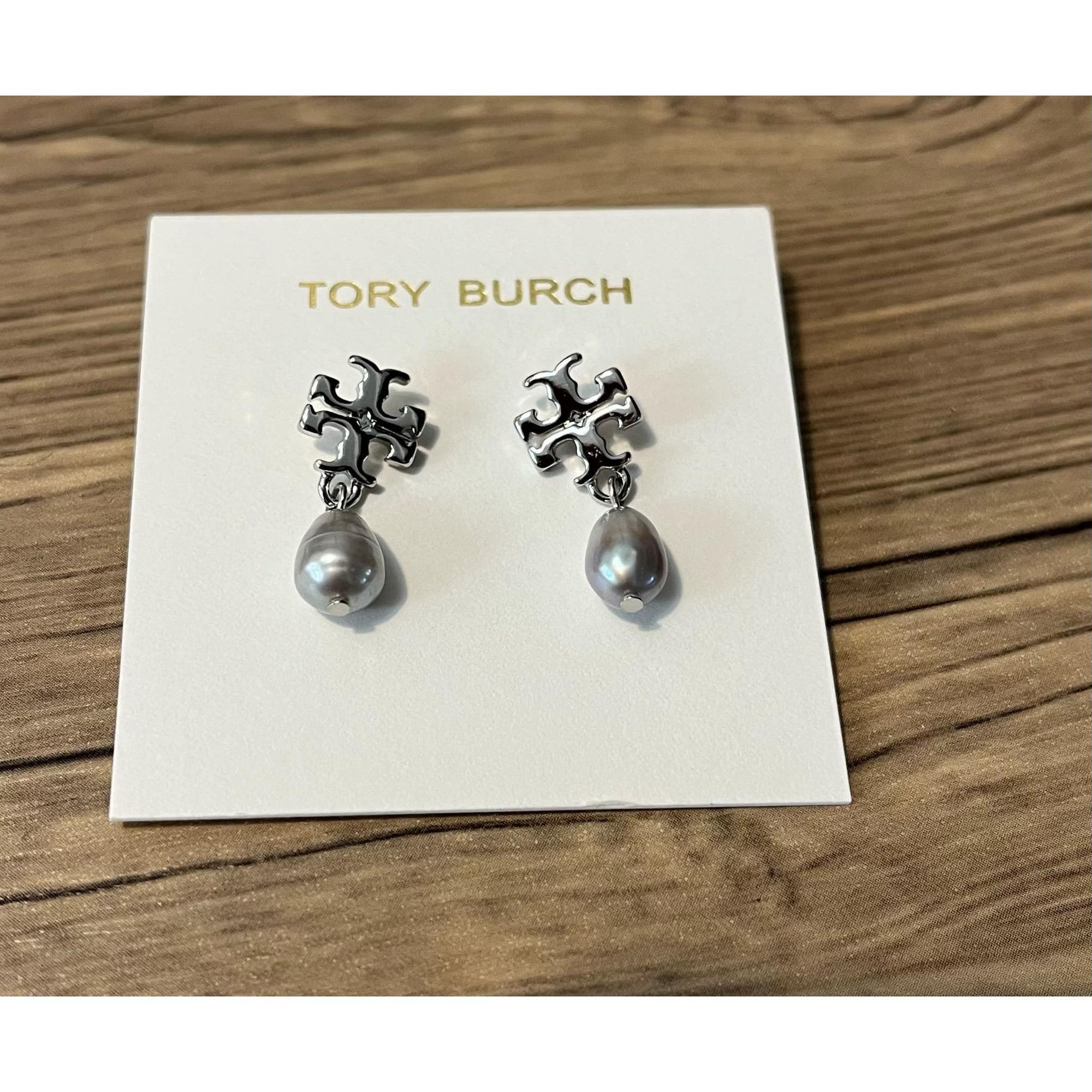 Tory Burch Tory Burch Silver T Logo Drop Gray Pearl Earrings Size ONE SIZE - 1 Thumbnail