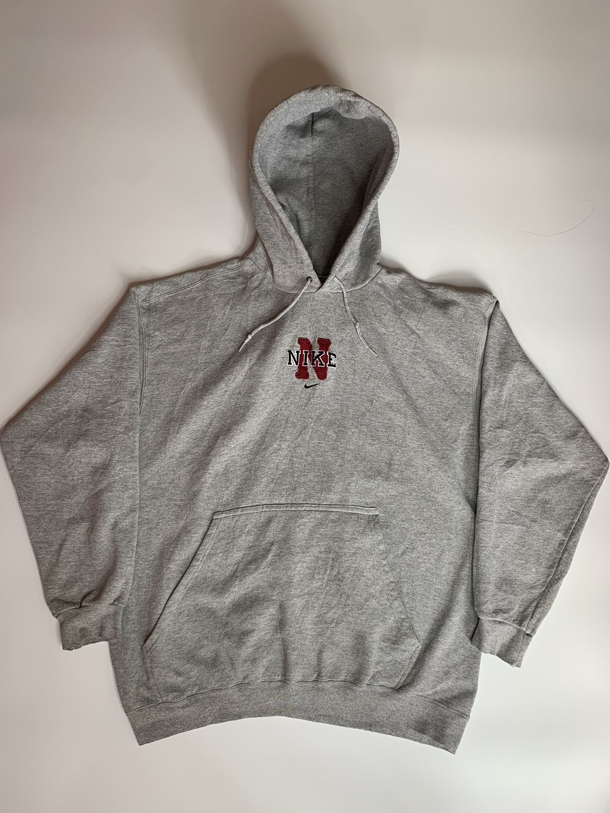 image of Nike Center Swoosh Hoodie Sweatshirt Mid Check in Grey, Men's (Size Large)