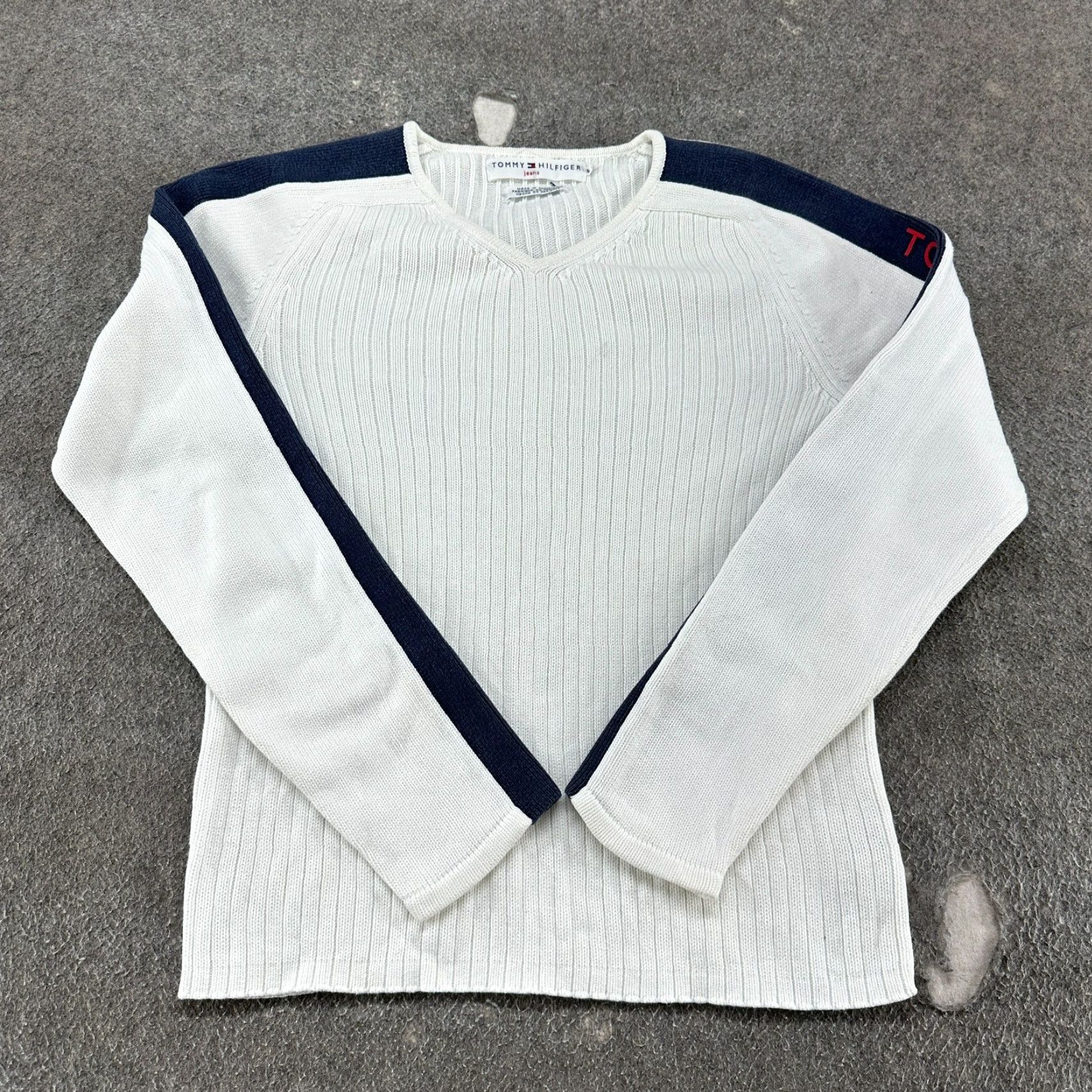 Tommy Hilfiger VINTAGE Tommy Hilfiger Sweater Womens L White Pullover Ribbed Knit Cotton Y2K 90s Wom... Size L / US 10 / IT 46 - 2 Thumbnail