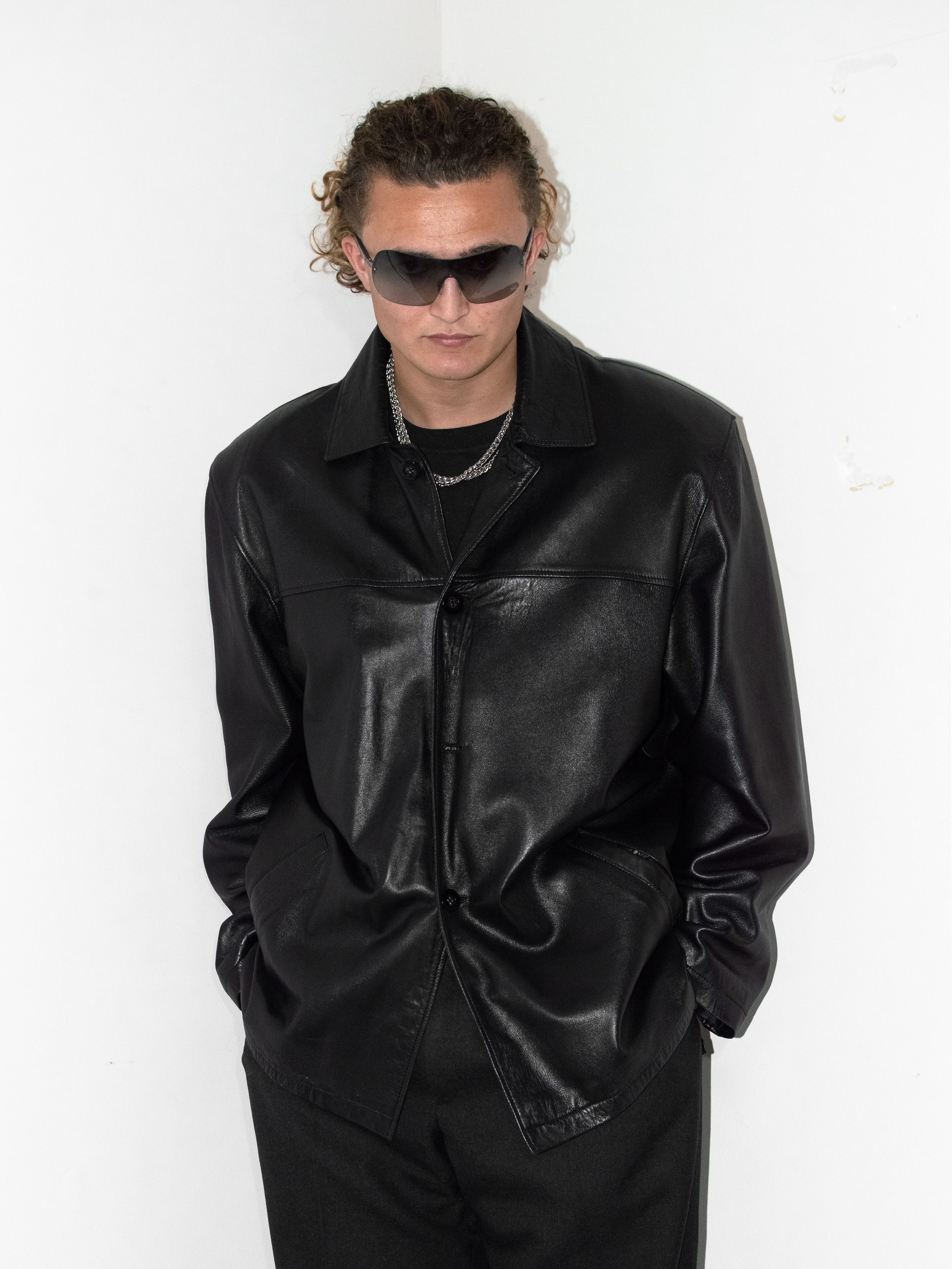 Designer × Vintage 90s black Leather lined Loose fit blazer coat Size US L / EU 52-54 / 3 - 4 Thumbnail