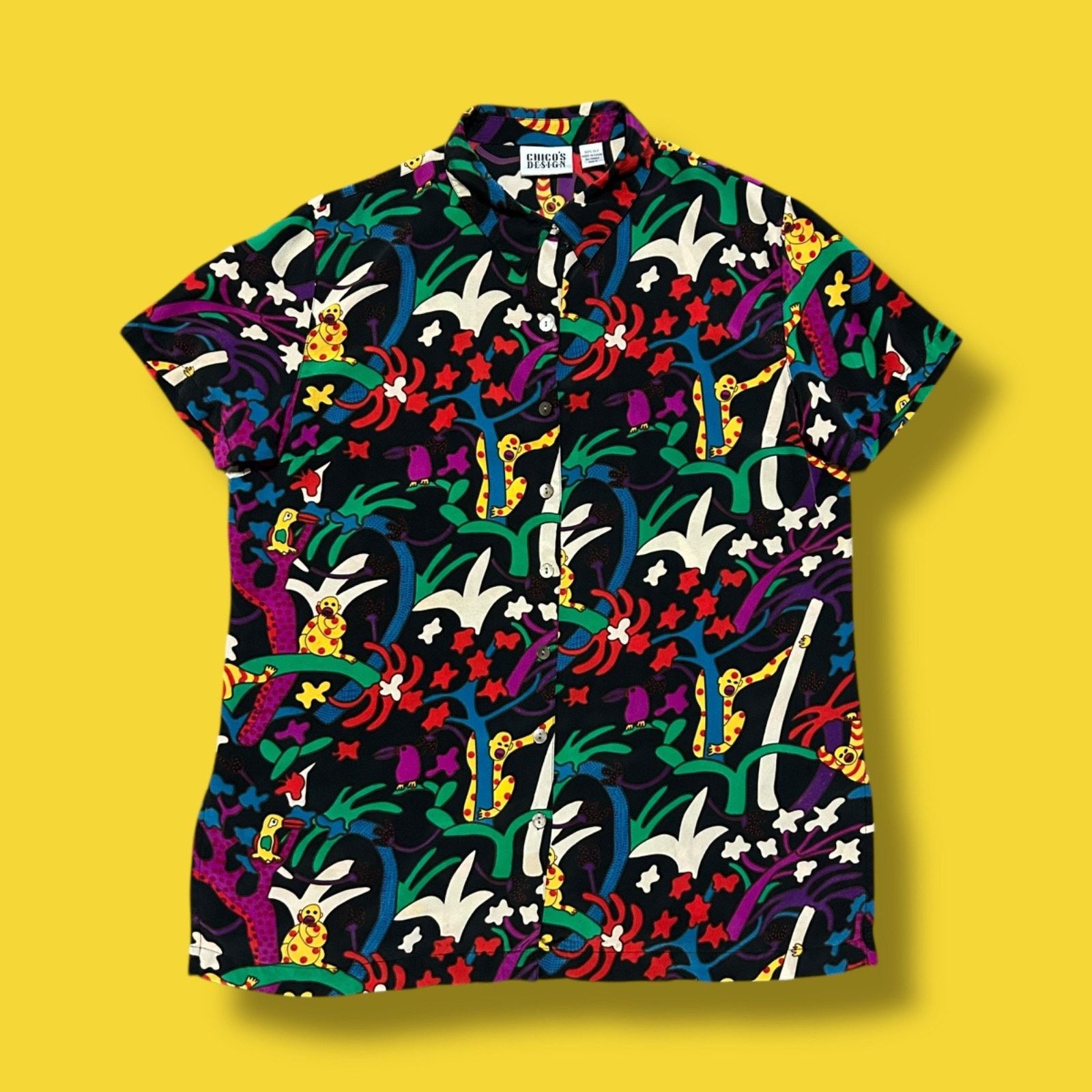 Chicos × Vintage Vintage Psychedelic Monkey Silk Blouse Chicos 80s 90s Button Size XS / US 0-2 / IT 36-38 - 1 Thumbnail