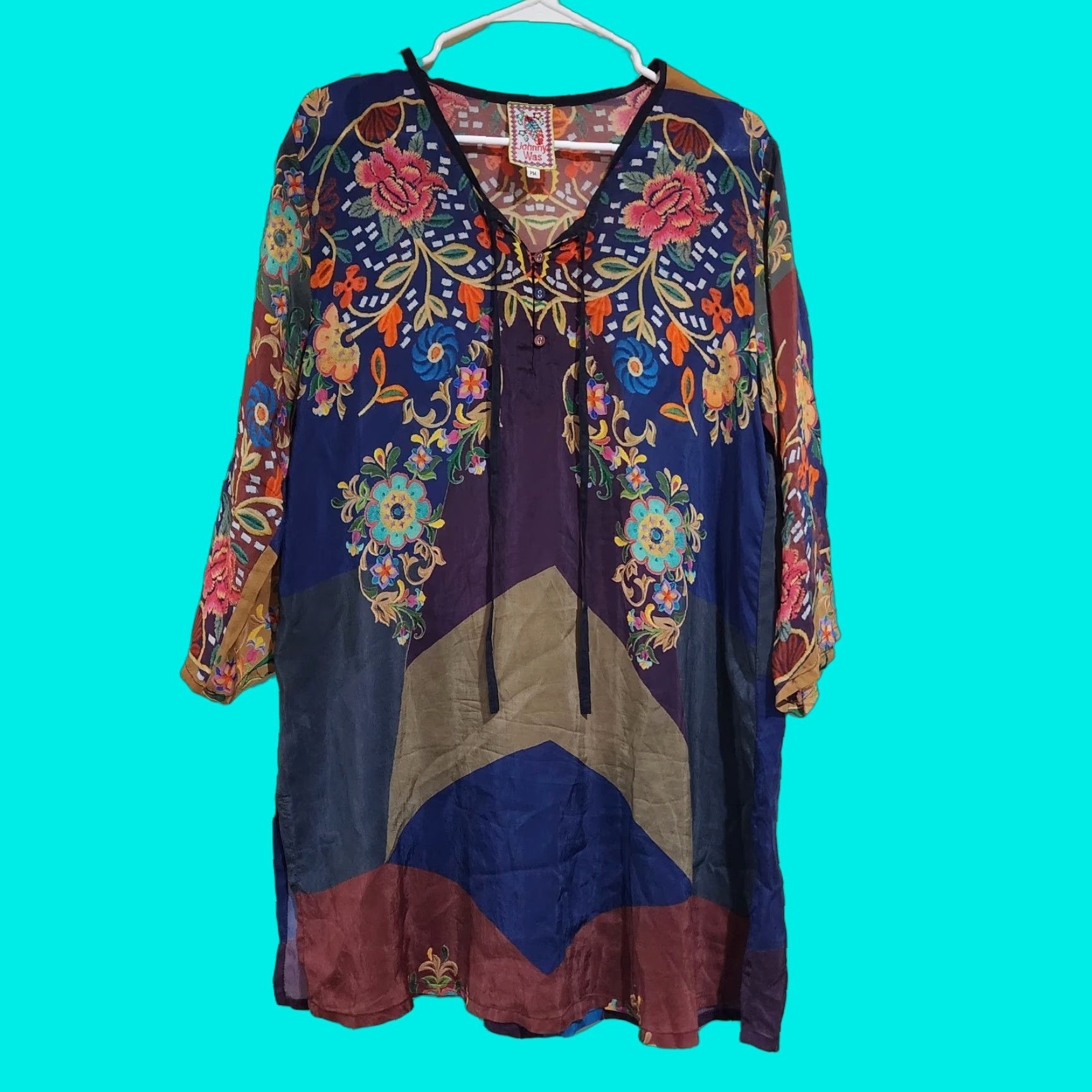 Johnny Was Petite M Ludios Tie Front Tunic Top Bohemian Hippie Embroidered Look