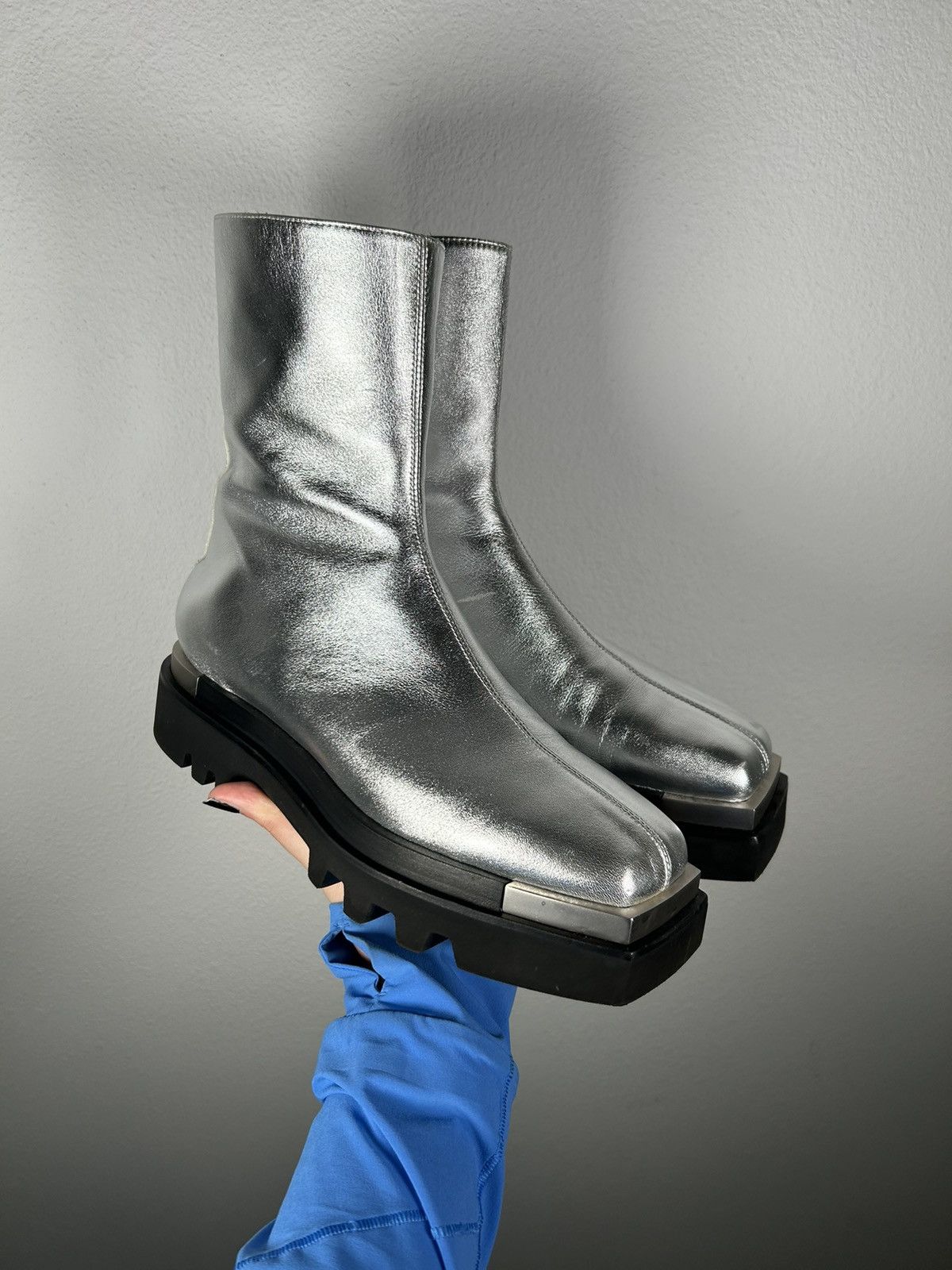 image of Peter Do Platform Metal Tip Combat Zip Boots in Silver, Men's (Size 9)