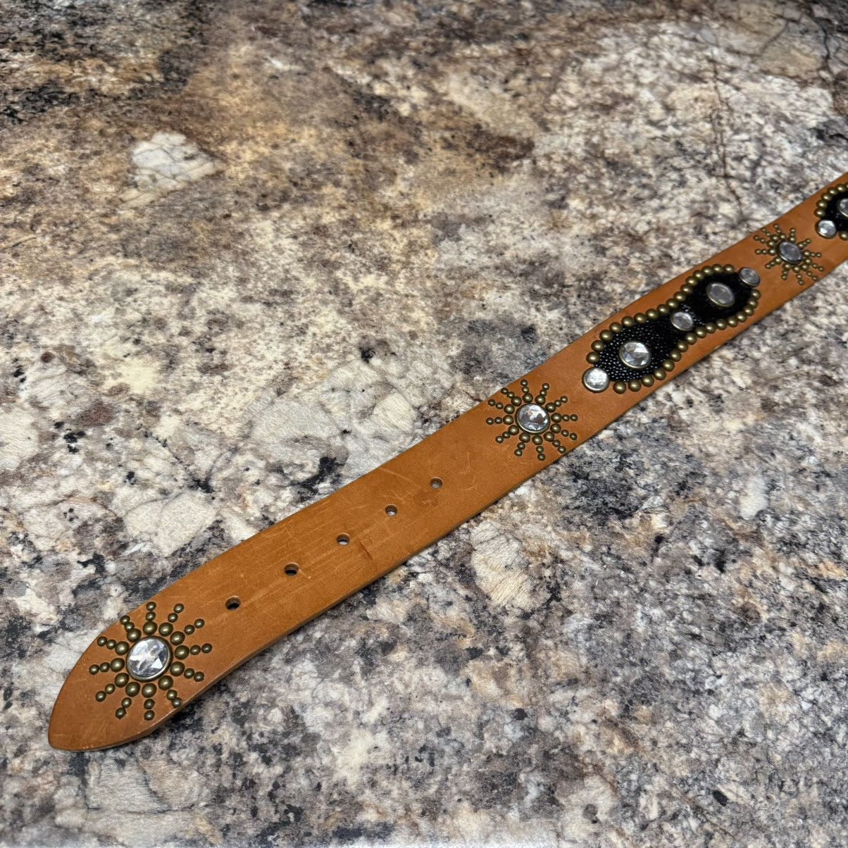 Saks Fifth Avenue Saks Fifth Avenue Stud Rhinestone Tan Italian Leather Belt M Size 32 - 2 Thumbnail