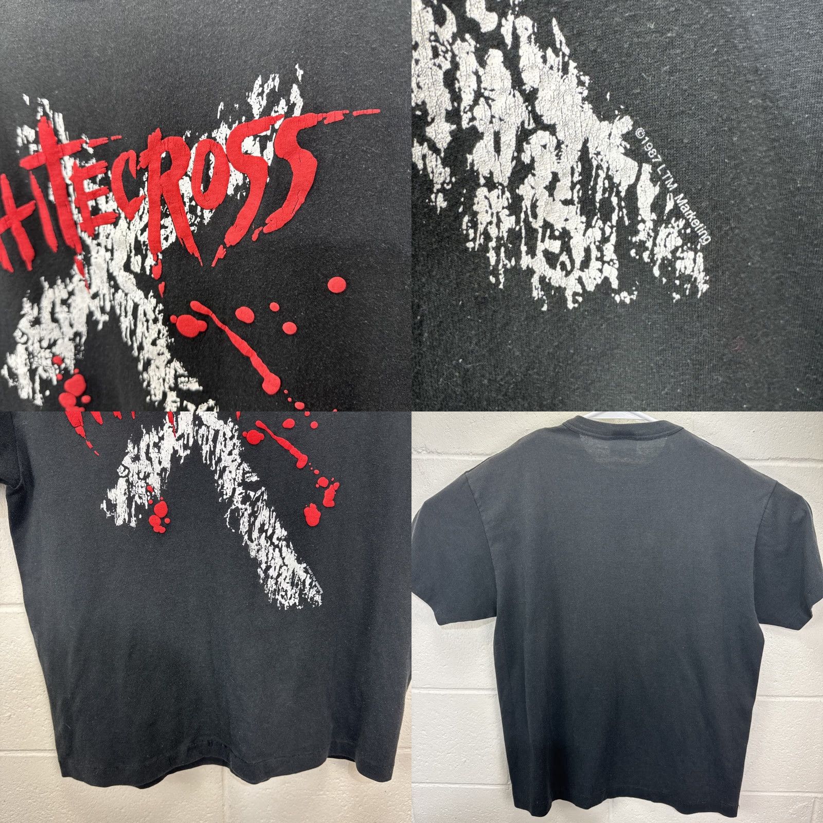 TEE JAYS VINTAGE White Cross T-Shirt Large Black 80s Christian Metal Graphic Print Unisex Adults Size US L / EU 52-54 / 3 - 8 Thumbnail