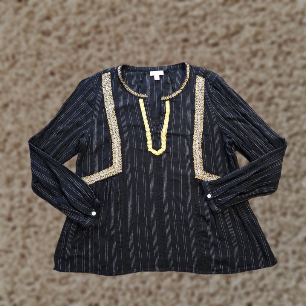 J. Jill J Jill Top Women Medium Black Striped V Neck Embroidery Boho Peasant Casual Shirt Size M / US 6-8 / IT 42-44 - 1 Thumbnail