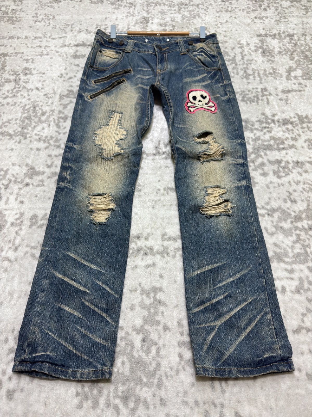 Y2K Mud Wash Clawmark Distressed Skull Patch Denim Jeans