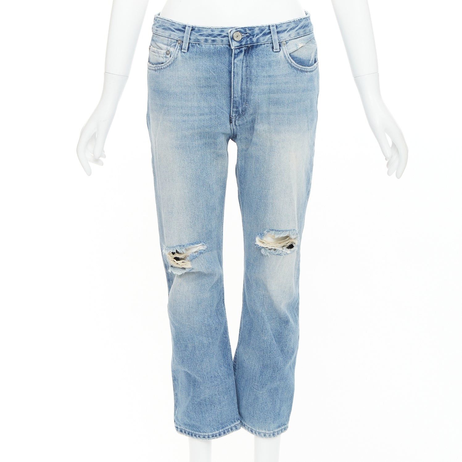 Acne Studios ACNE STUDIOS Pop Trash blue washed cotton ripped knees distressed back cropped jeans FR34 XS Size 26" / US 2 / IT 38 - 1 Thumbnail