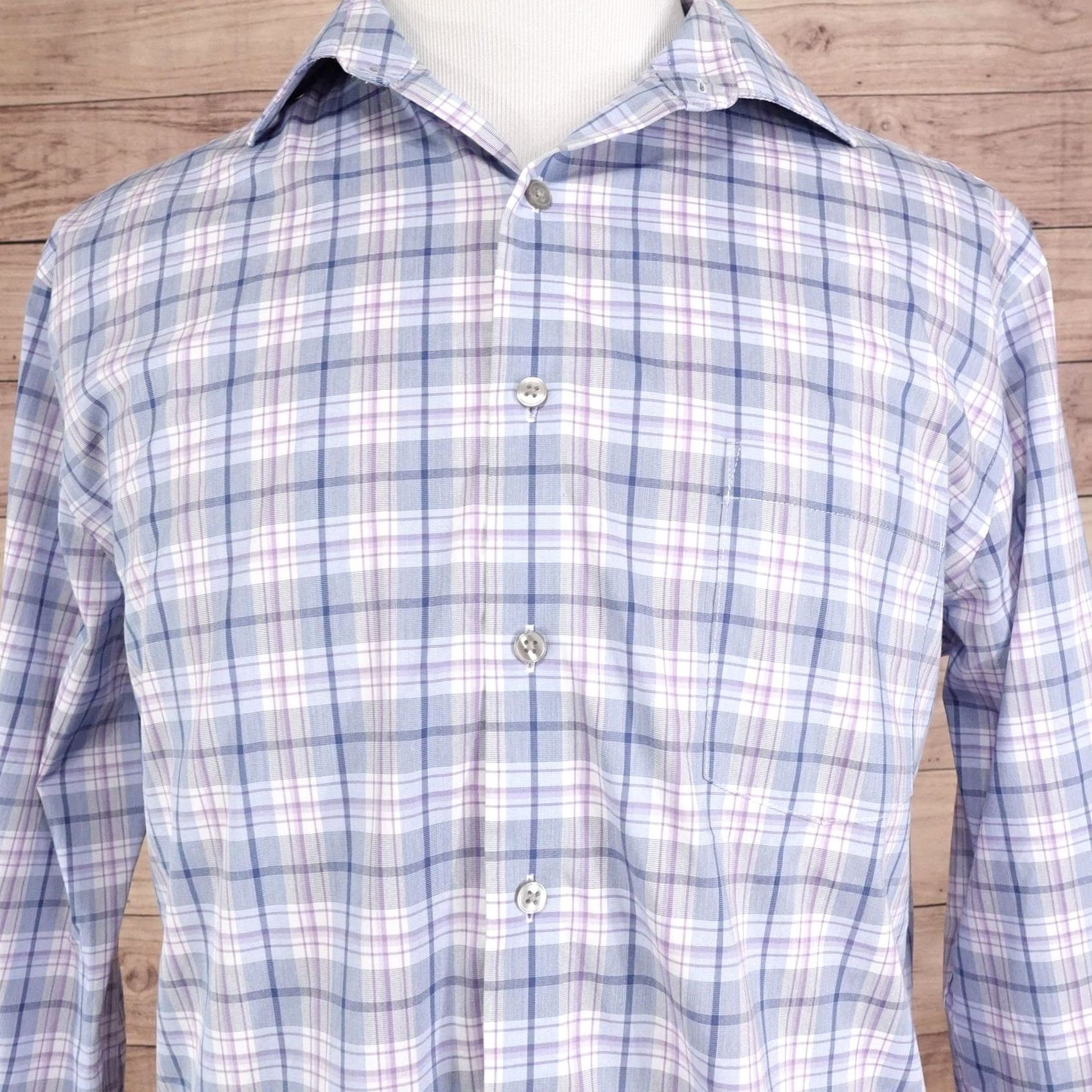 Van Heusen Van Heusen Dress Shirt L 16-16½ 32/33 Plaid Regular Fit Wrinkle Resistant Stretch Blue Mens Size 42R - 2 Thumbnail