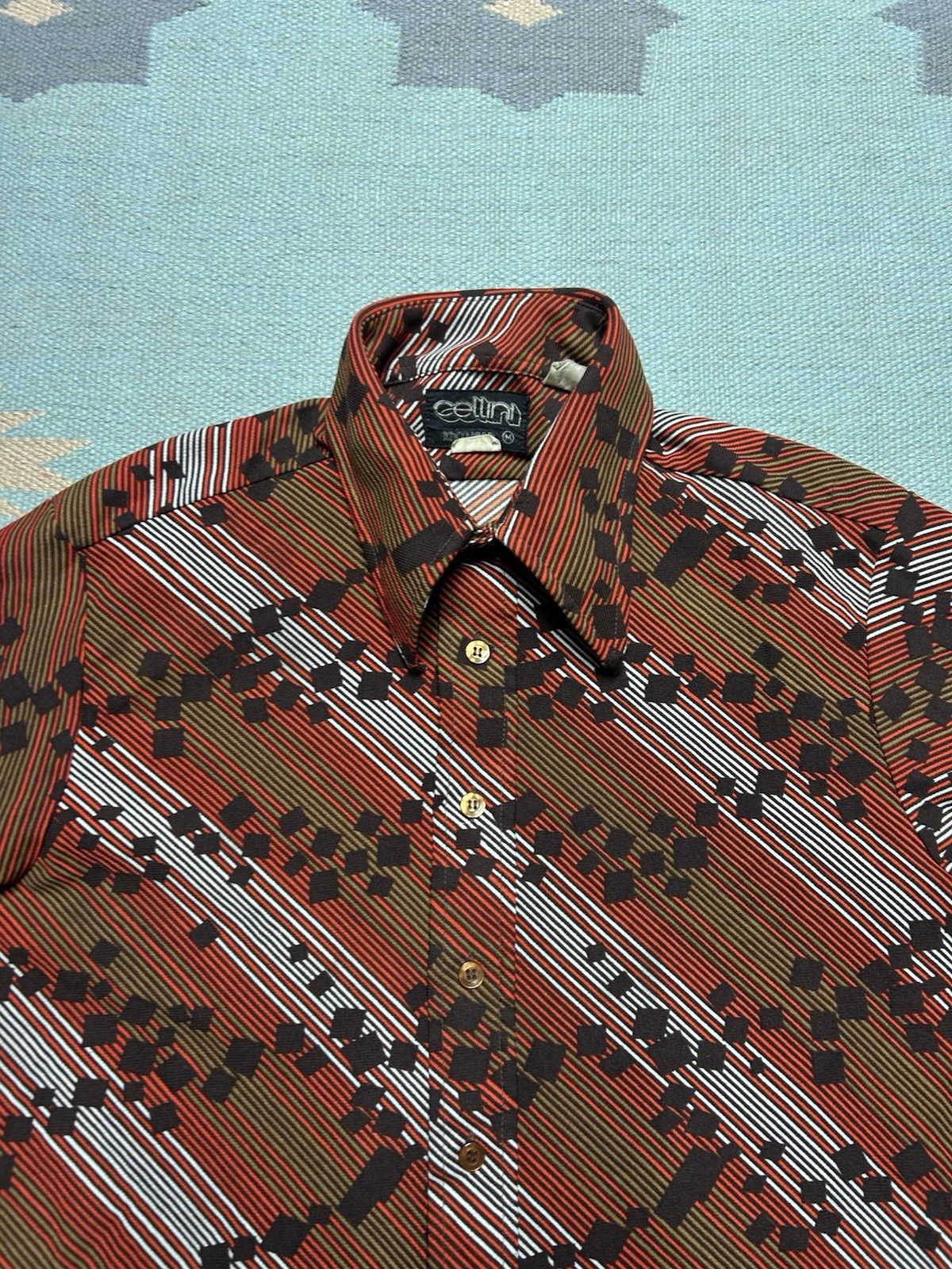 Vintage 70s button shirt polyester dagger collar abstract mod medium Size US M / EU 48-50 / 2 - 3 Thumbnail