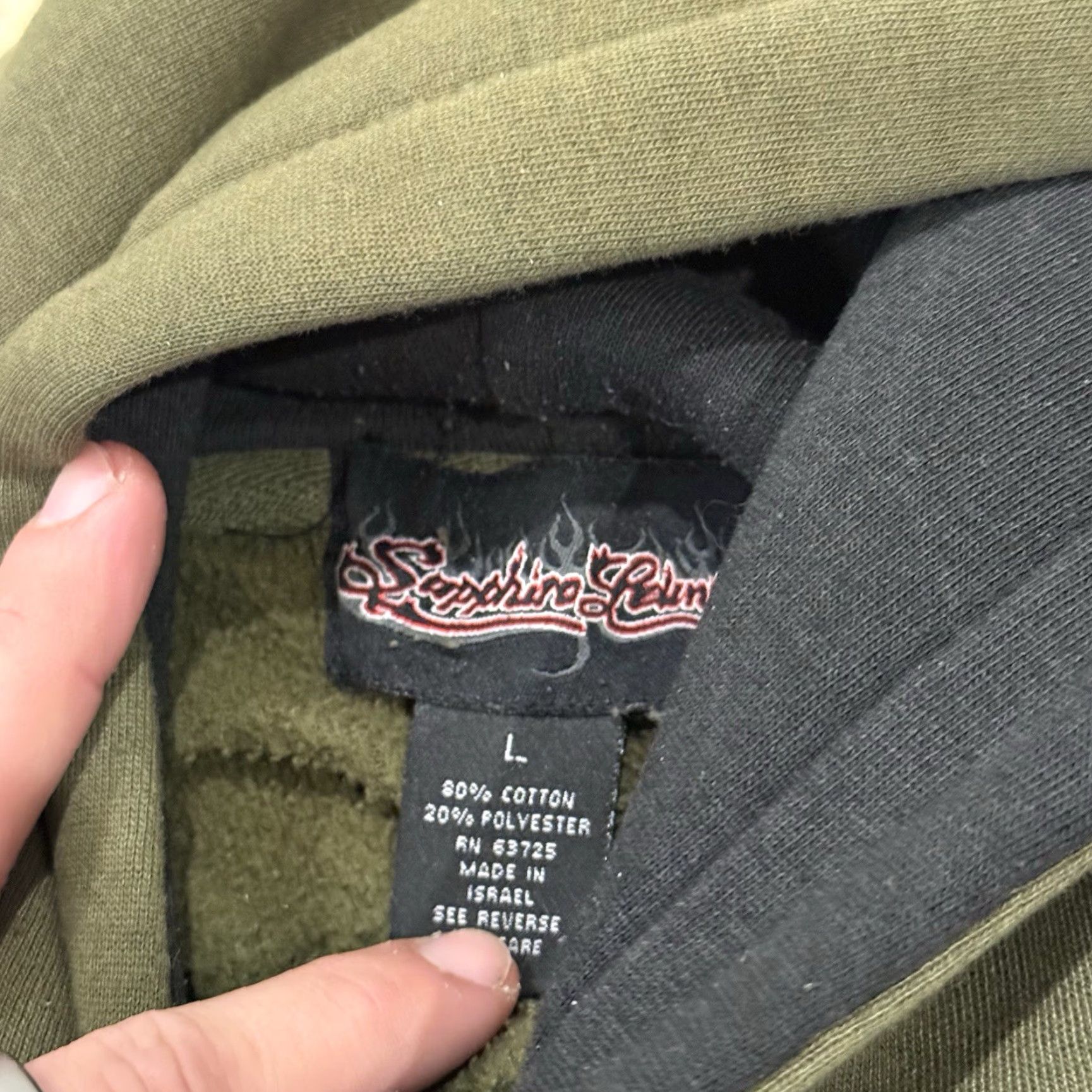 Olive VINTAGE Sapphire Lounge Hoodie Men L Olive Green Embroidered Tribal Flame Graphic Print Pullover Size US L / EU 52-54 / 3 - 3 Thumbnail
