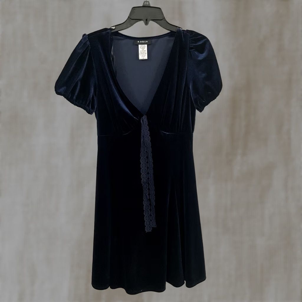 Vintage VINTAGE B. Darlin Dark Blue Dress 15/16 Knee Length Women Short Sleeve V-Neck Fit & Flare Girls? Size XL / US 12-14 / IT 48-50 - 1 Thumbnail