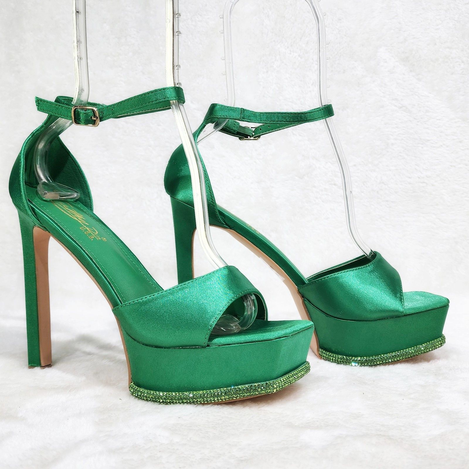 Other Green Satin Rhinestone Evening Platform High Heel Shoes Size US 8 / IT 38 - 5 Thumbnail
