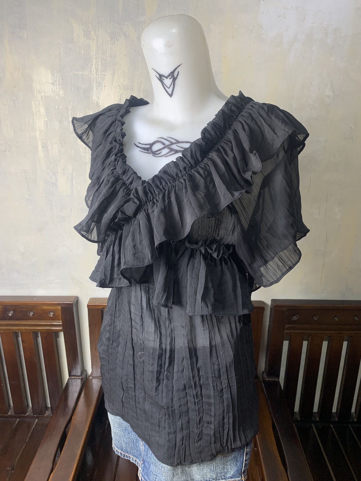 Japanese Brand Just CC Japan Black Ruffle Pleated Mesh Blouse Top Size M / US 6-8 / IT 42-44 - 2 Thumbnail