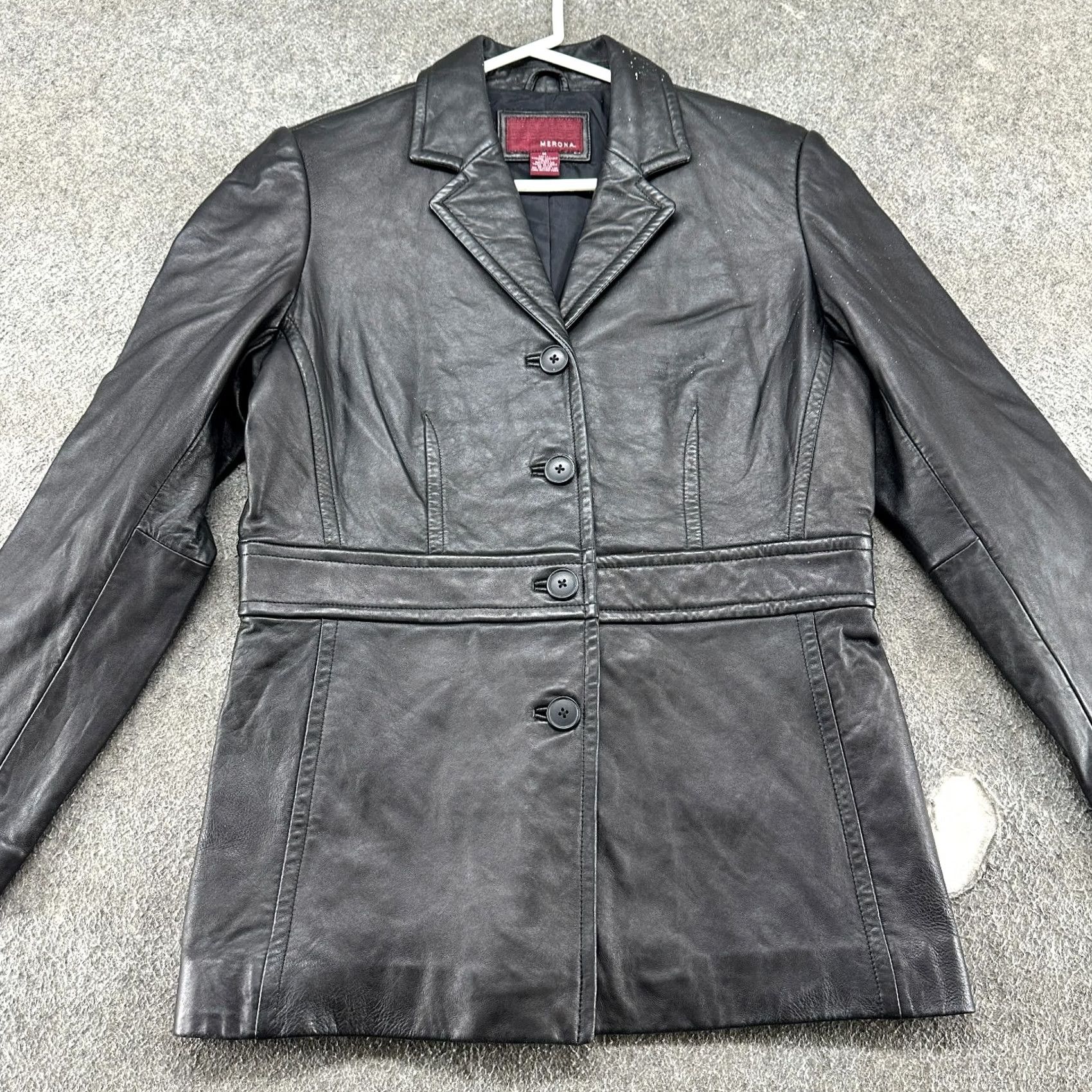 Merona VINTAGE Merona Leather Coat Womens M Black Overcoat 90s Womens Front Pockets Casual Business Satin? Size M / US 6-8 / IT 42-44 - 3 Thumbnail