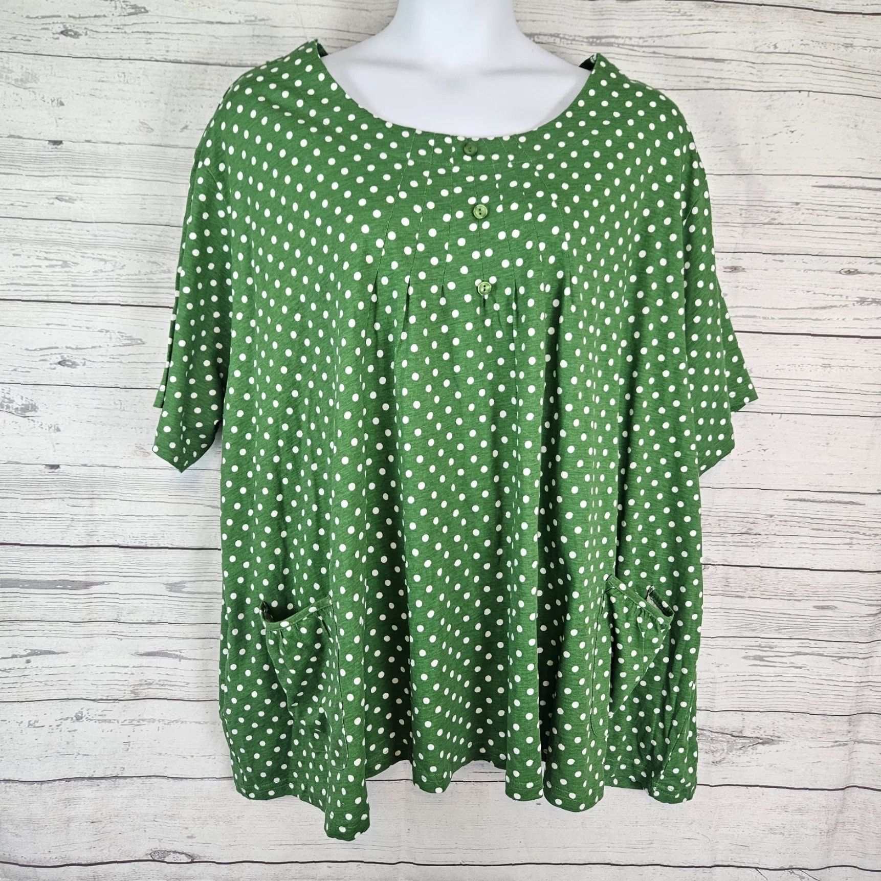 Vintage Anthony Richards Womens Top Blouse Shirt 5X Green White Polka Dot Cotton Short Sleeve Womens Size XXL / US 16-18 / IT 52-54 - 2 Thumbnail