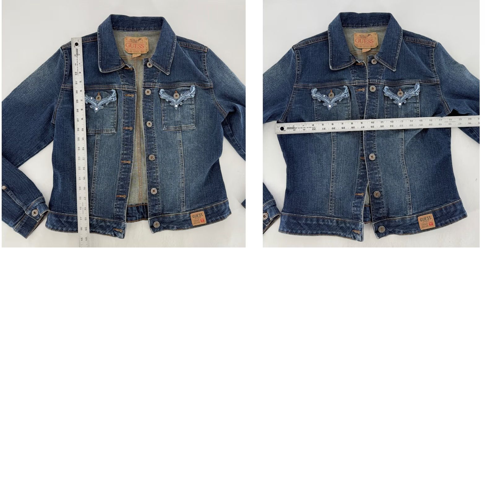 Guess VINTAGE Guess Womens Denim Jacket Blue Embellished Pockets Button Front L Cotton Spandex Size L / US 10 / IT 46 - 8 Thumbnail