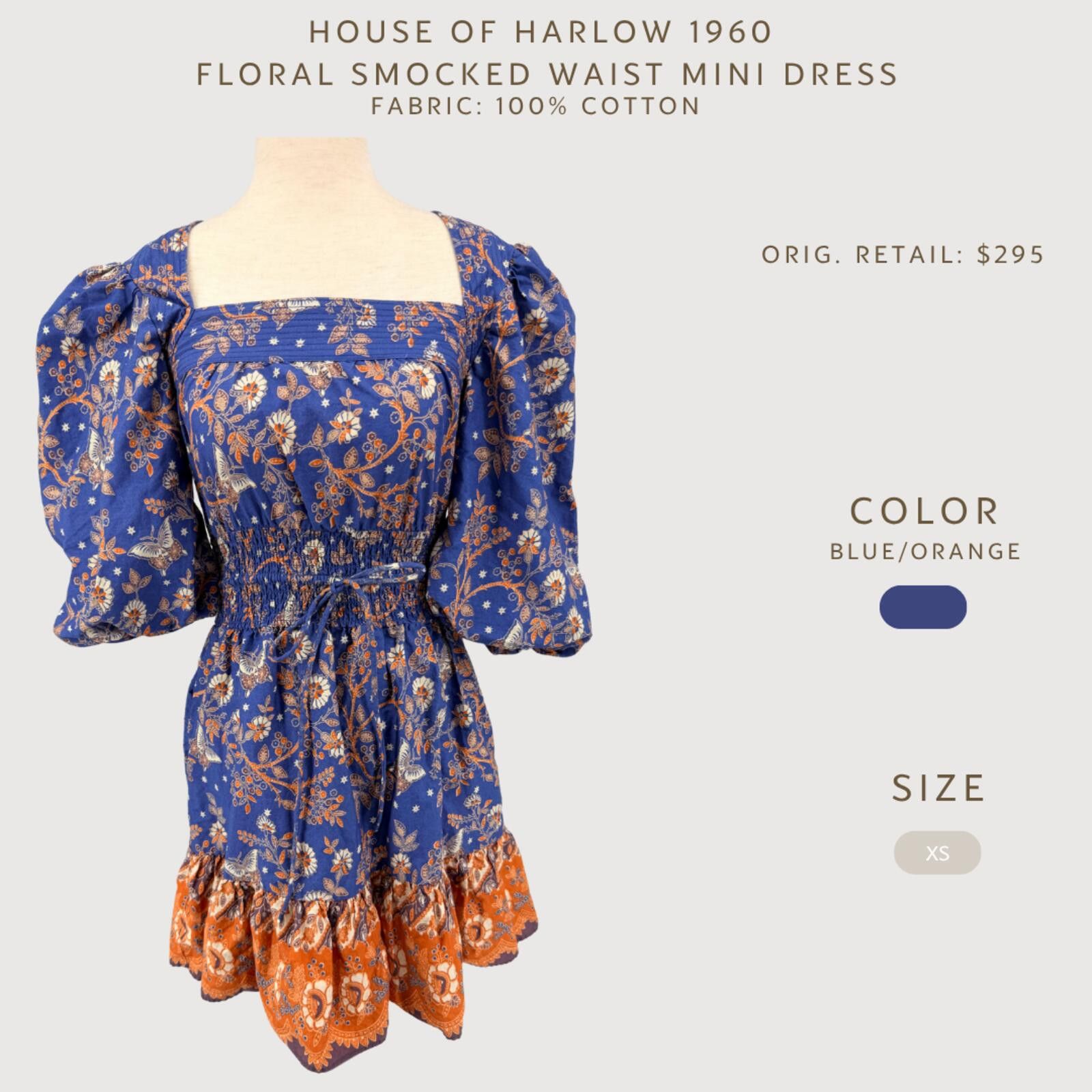 Other House of Harlow Floral Smocked Mini Dress Blue XS Size XS / US 0-2 / IT 36-38 - 2 Thumbnail