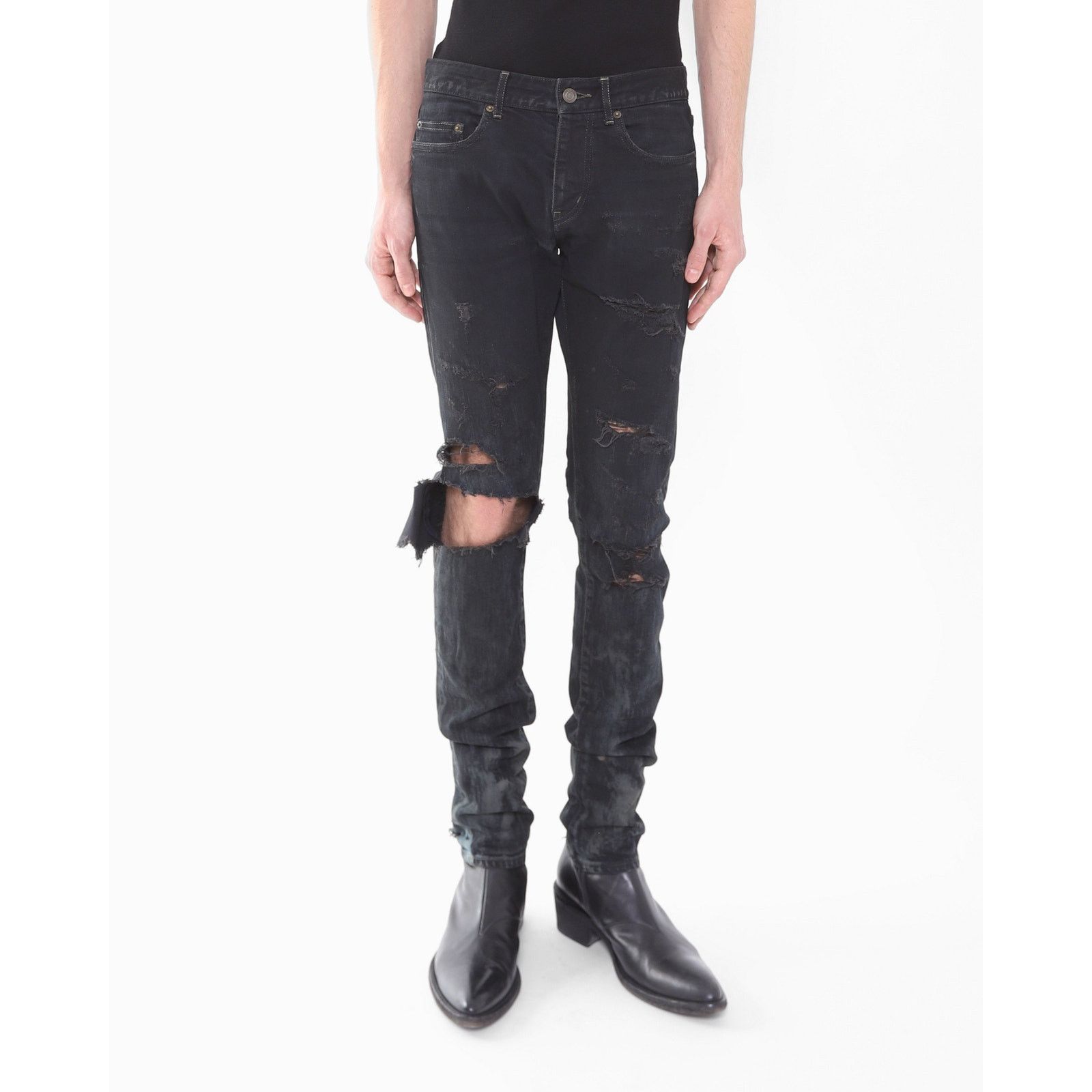 Saint Laurent Paris FW14 Crash Jeans in Black Oil Spill Denim Size US 29 - 4 Thumbnail