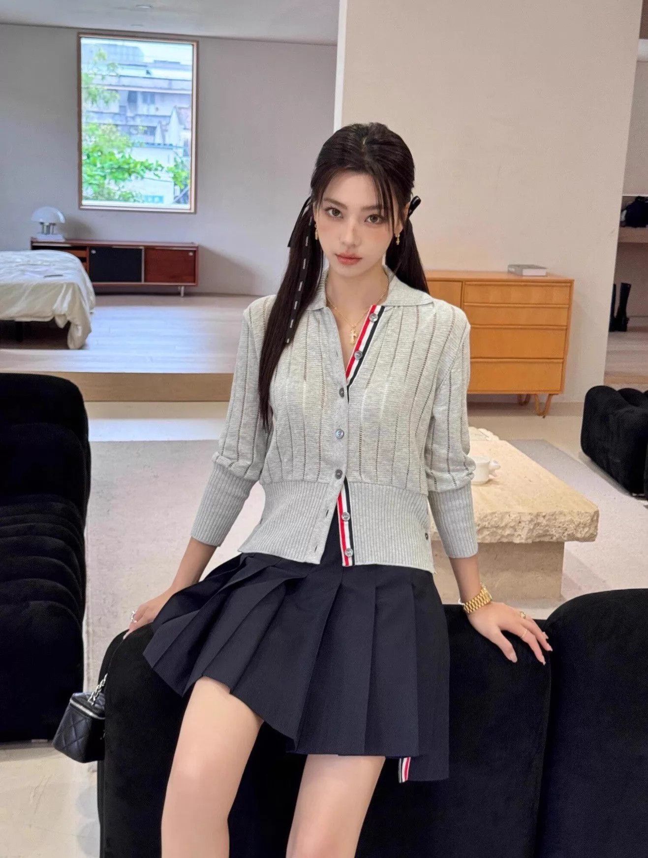 Thom Browne Thom Browne Women's Navy Gold-Button Pleated Mini Skirt Size 26" / US 2 / IT 38 - 8 Thumbnail