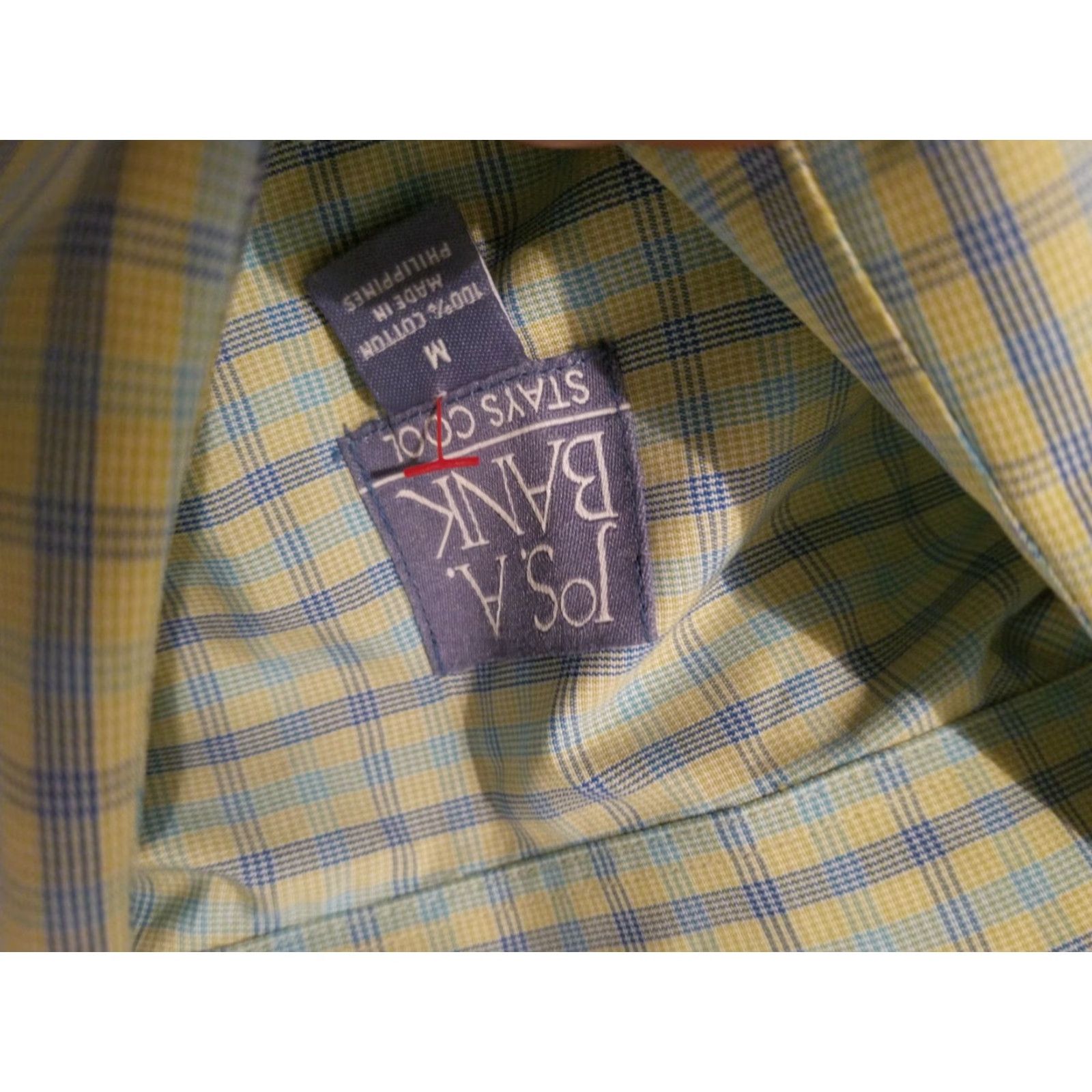 Jos. A. Bank VINTAGE Jos. A. Bank Dress Shirt M Medium Yellow Blue Button Cotton Short Sleeve Mens Size 40R - 3 Thumbnail