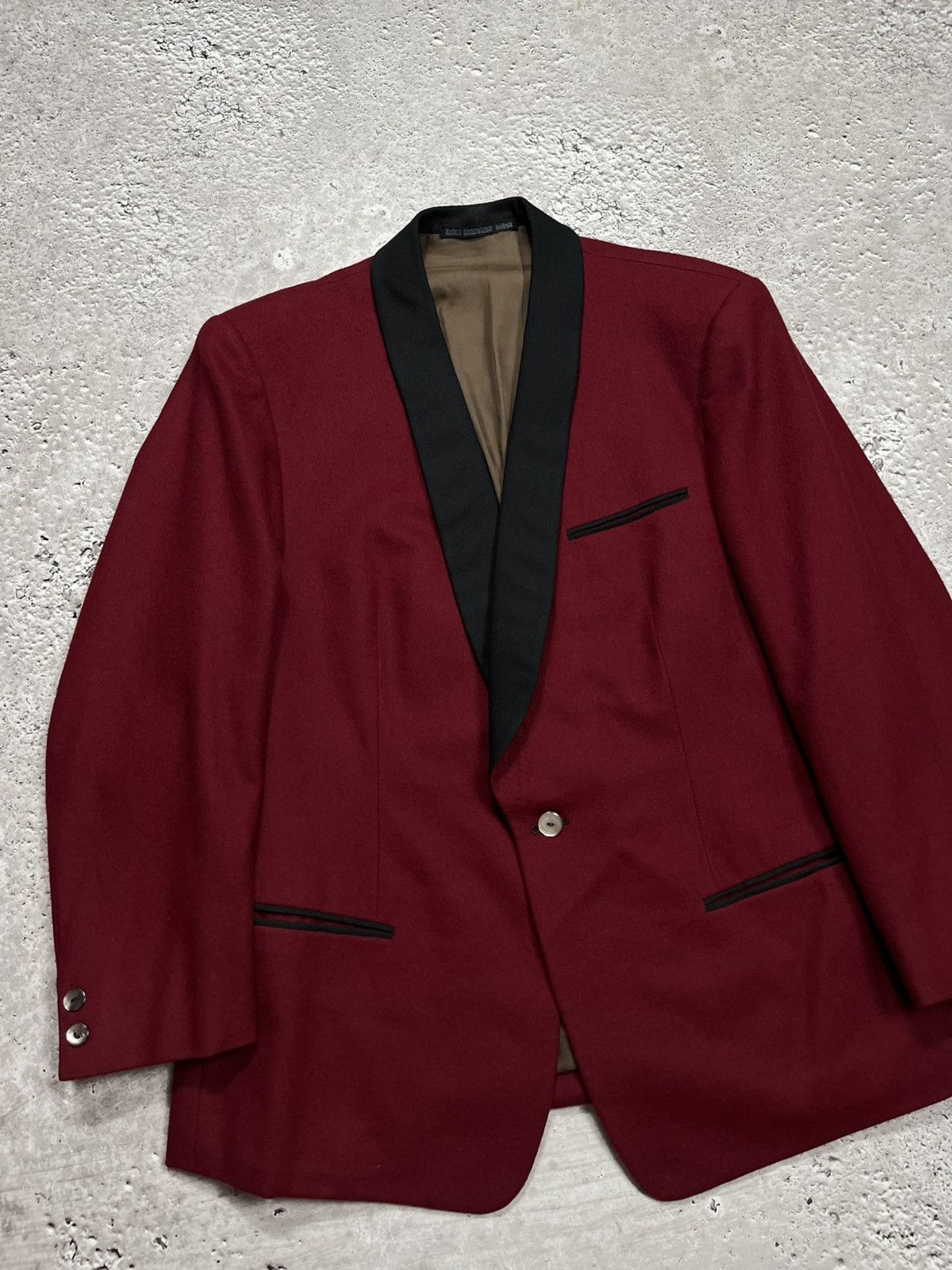 Japanese Brand Vintage Wool Tuxedo Blazer Burgundy Black Shawl Collar Size 42R - 3 Thumbnail