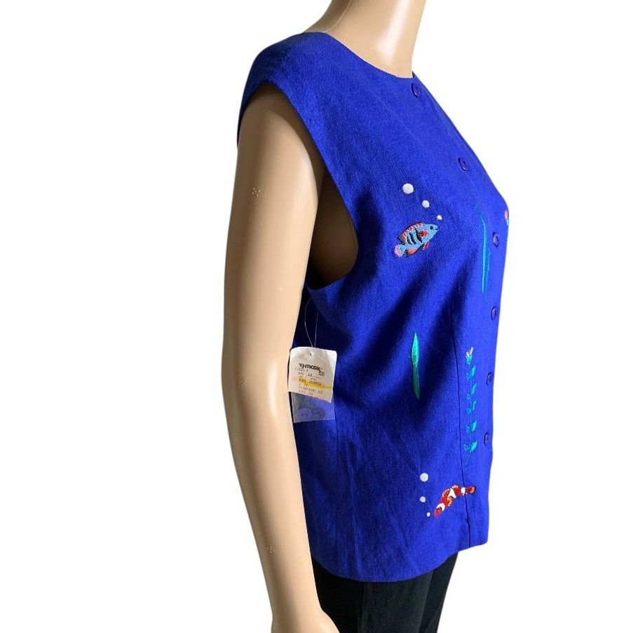 Other Women's Top Size 10 Top Linen Blend Ocean Fish Embroidered Size L / US 10 / IT 46 - 6 Thumbnail